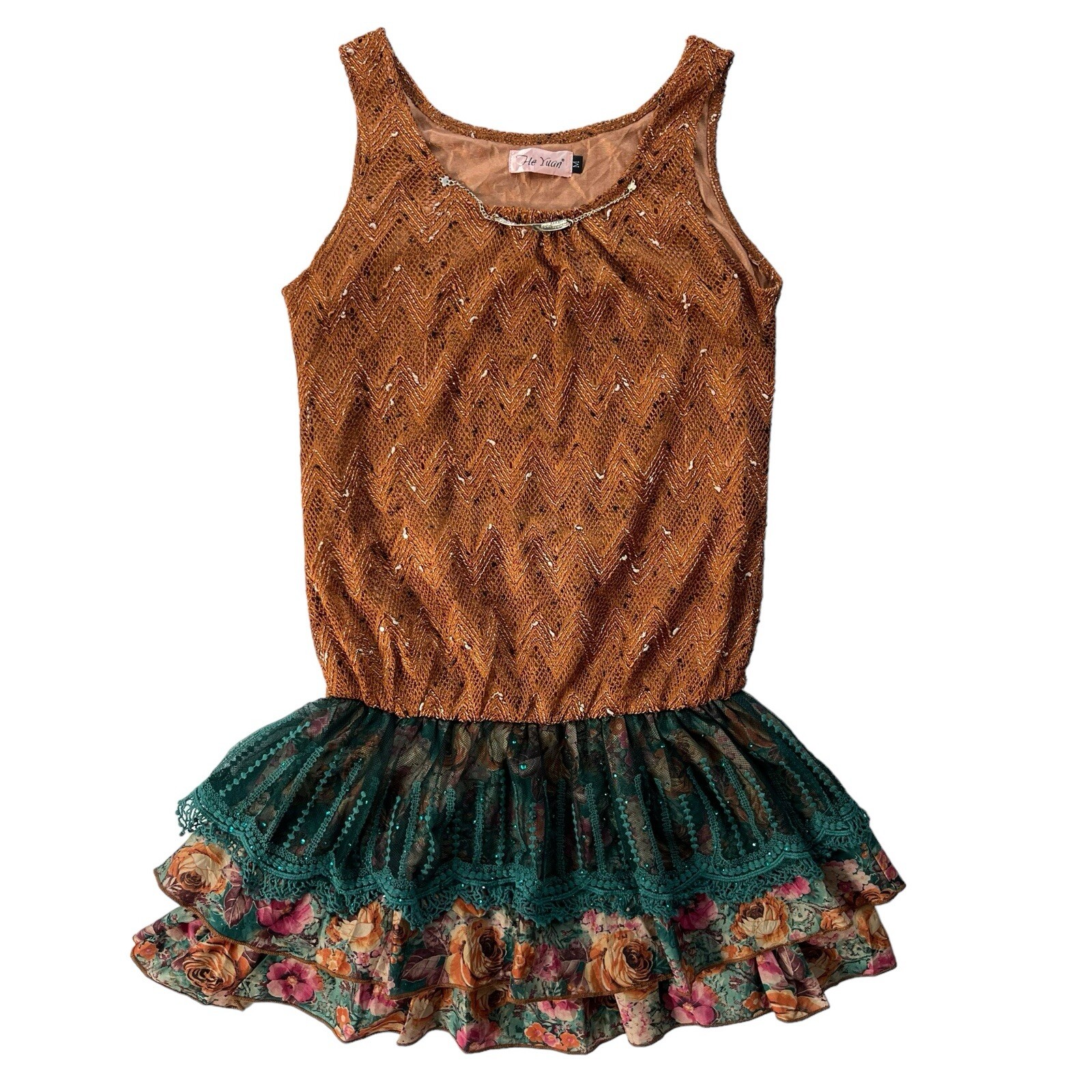 He Juan Womens Medium Brown Teal Sequin Silk Knit Tank Ruffle Layered Mini Dress