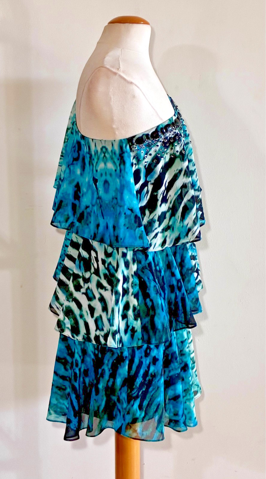 NWOT- One Shoulder Animal Print Tiered Mini Dress (Teal/Black/Ivory) – Size 8