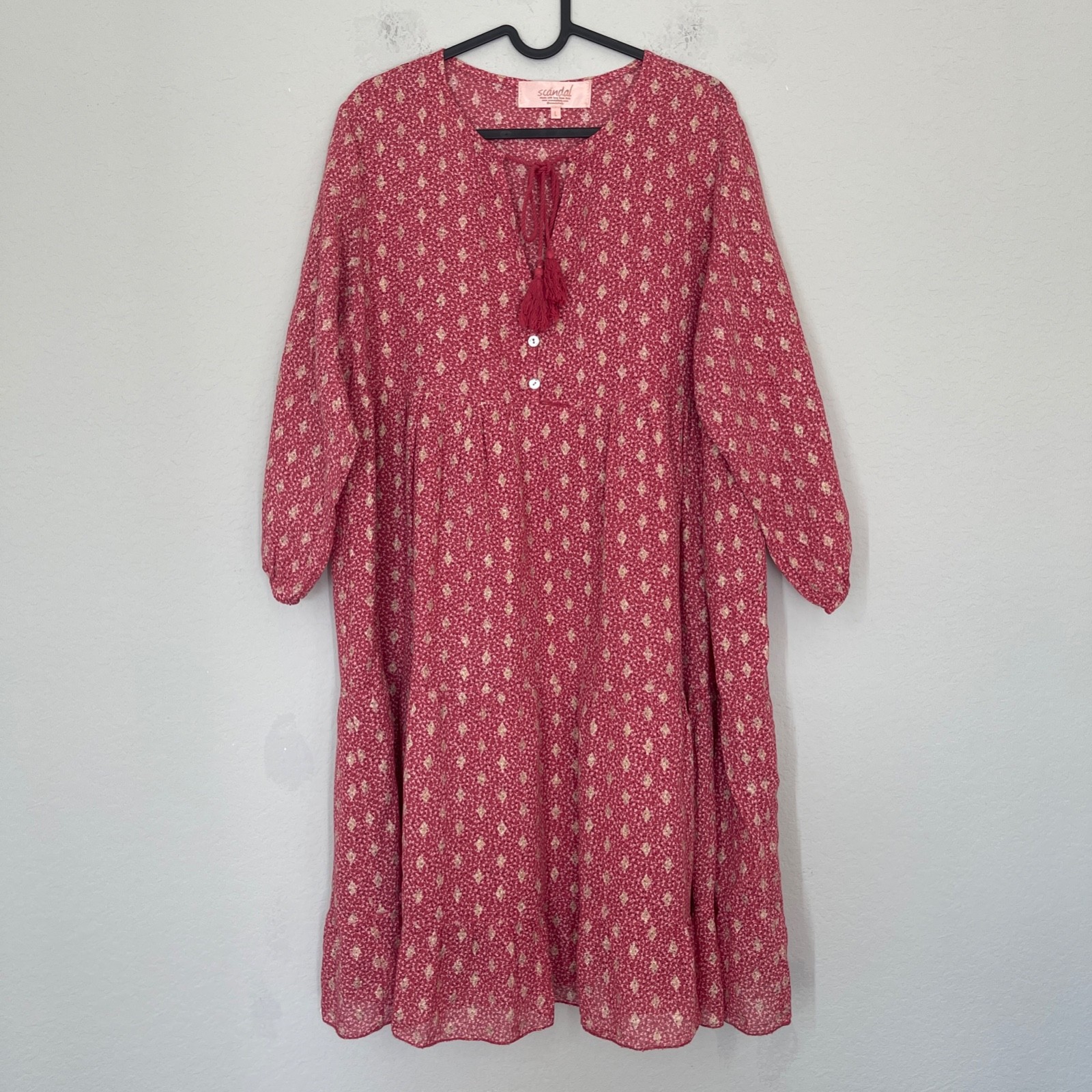 Scandal Italy Ordell Boho Dress Women’s L Pink Gold Long Sleeve Tiered Cotton