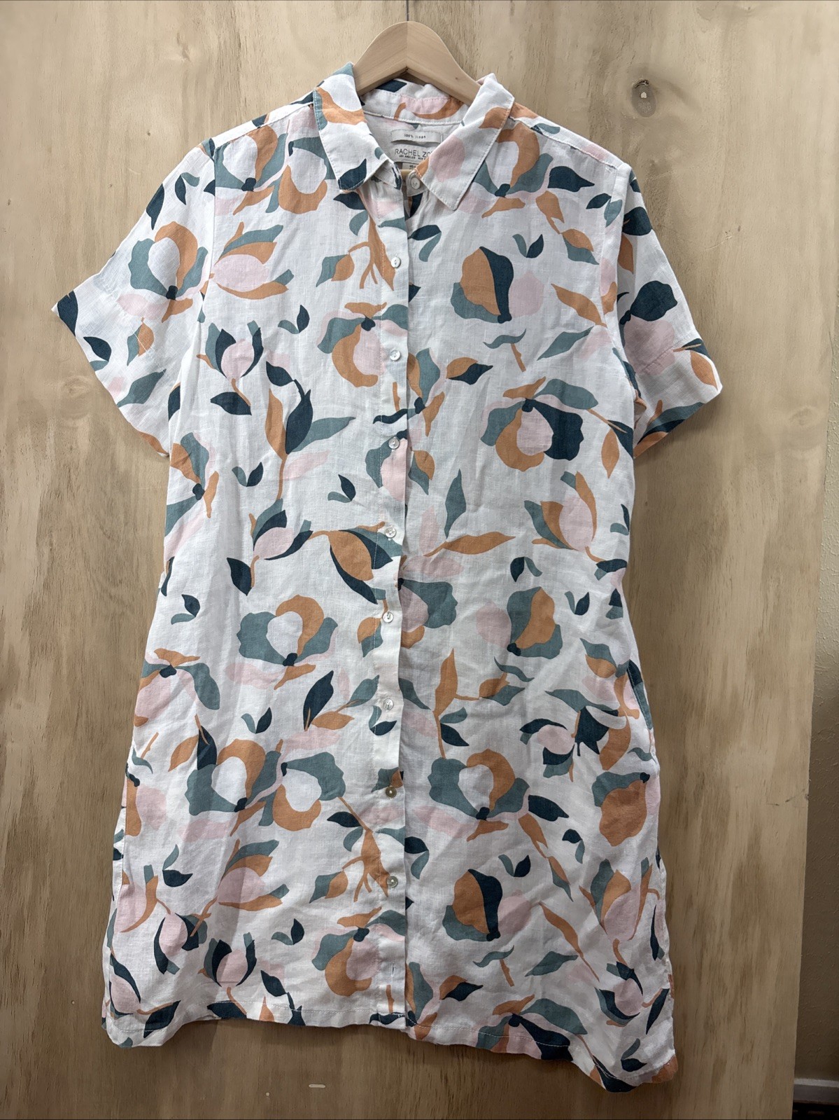 Rachel Zoe Women’s Floral 100% Linen Shirt Dress Size L Button Front Pockets