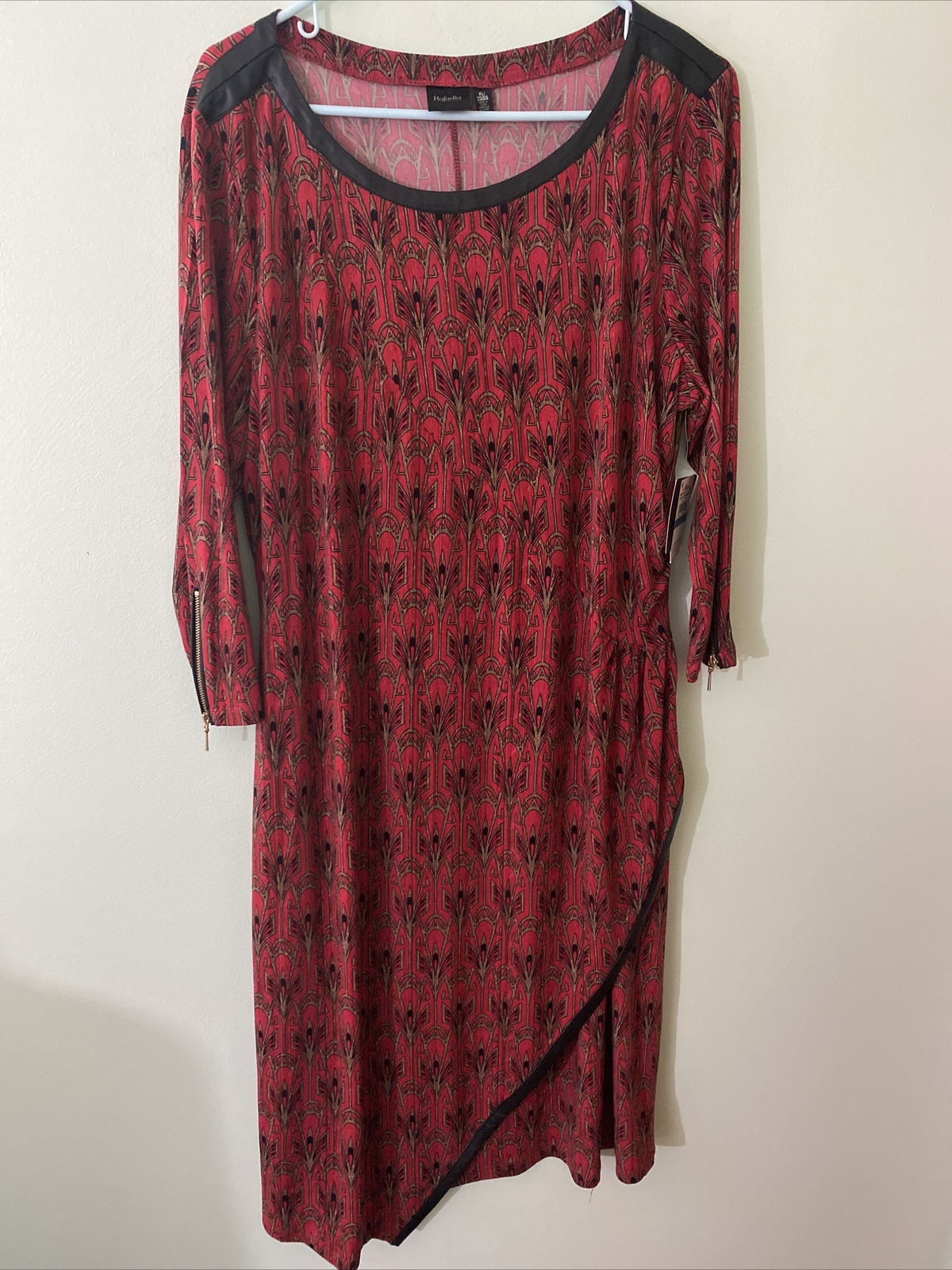 Rafaella Red Black Gold Dress 3/4 Sleeve Wrap Skirt XL New