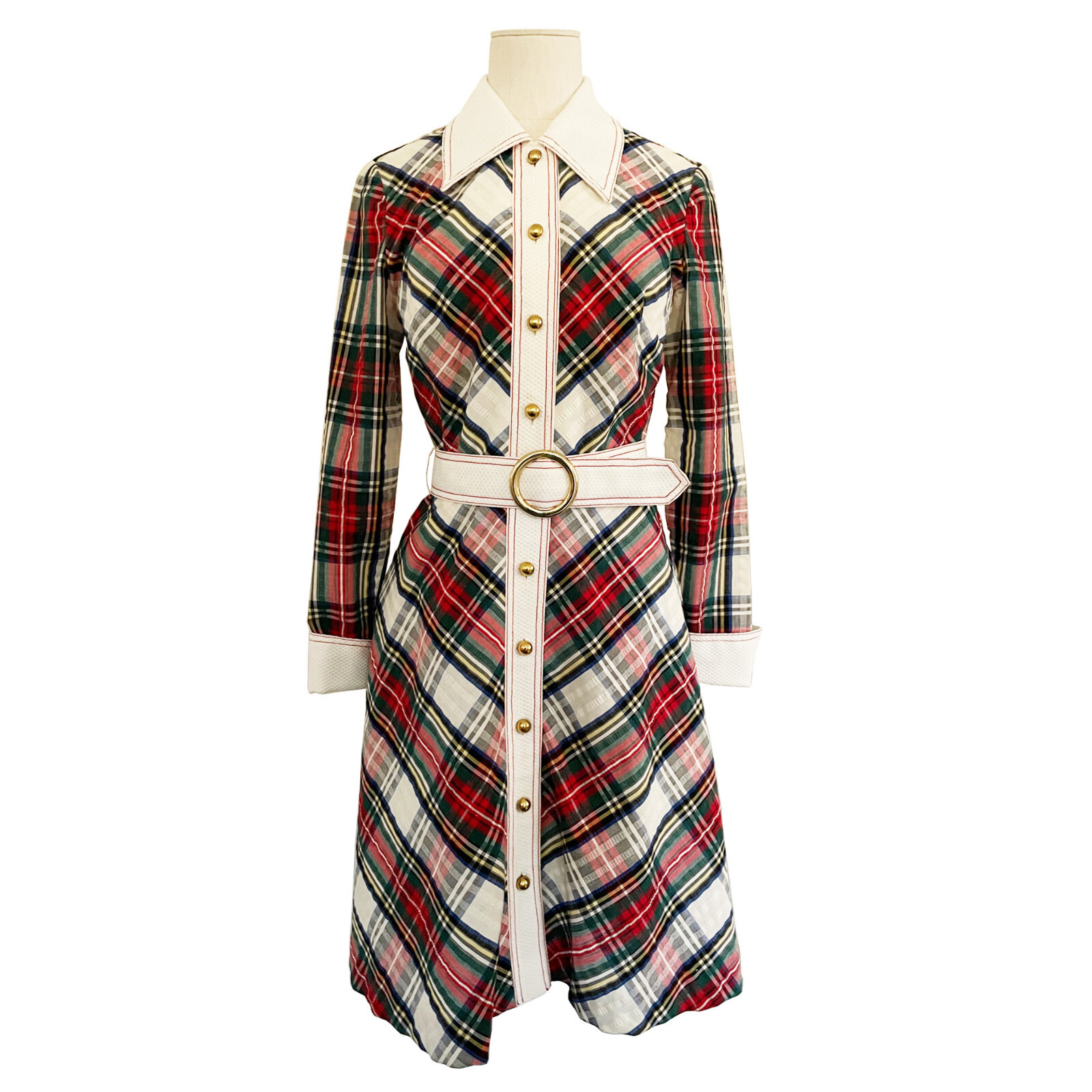 KOLLECTION Belted Dress Fit & Flare Plaid Seersucker Piqué Accents Sz S Vintage