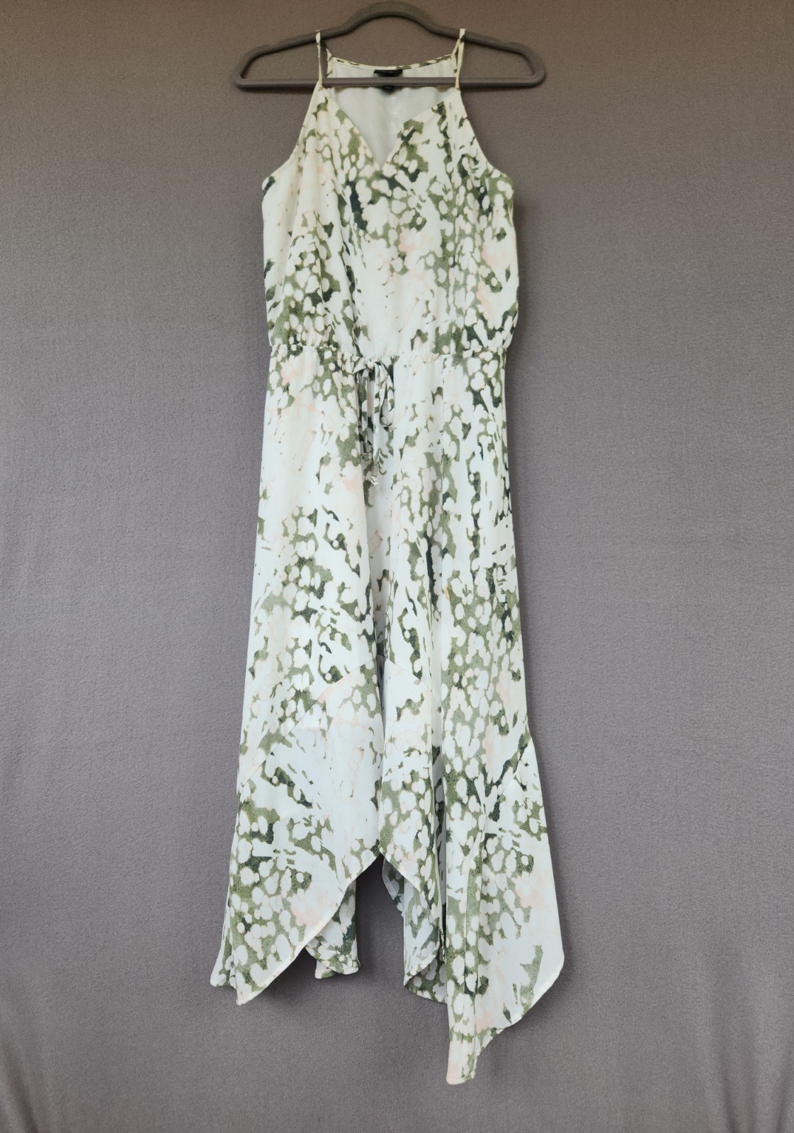 Mossimo M Abstract Olive Pink Cami Dress Midi Boho Handkerchief Hem Fully Lined