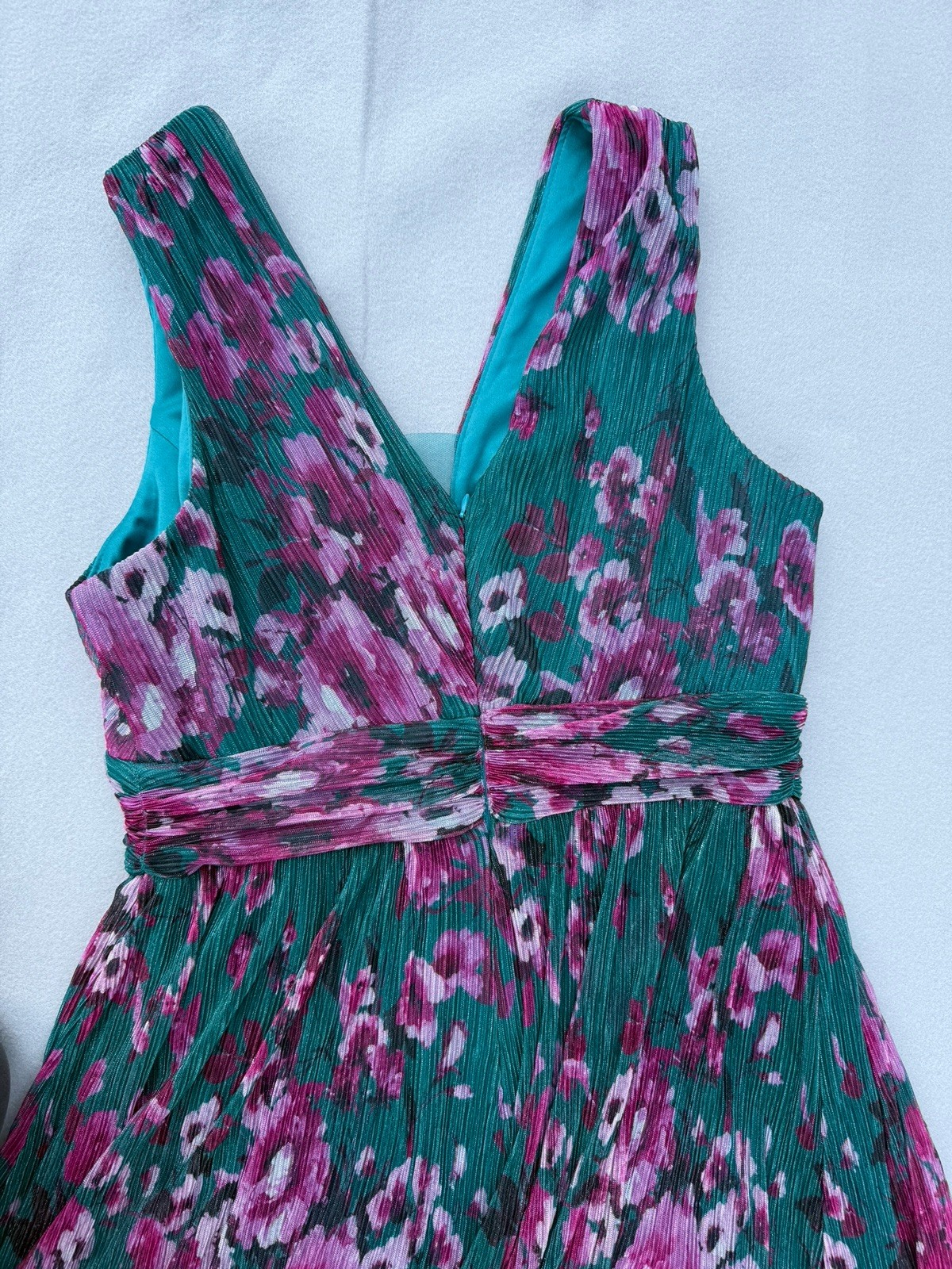 R&M Richards Women’s Floral Pleated Maxi Dress – Teal/Purple Shimmer – Size 18