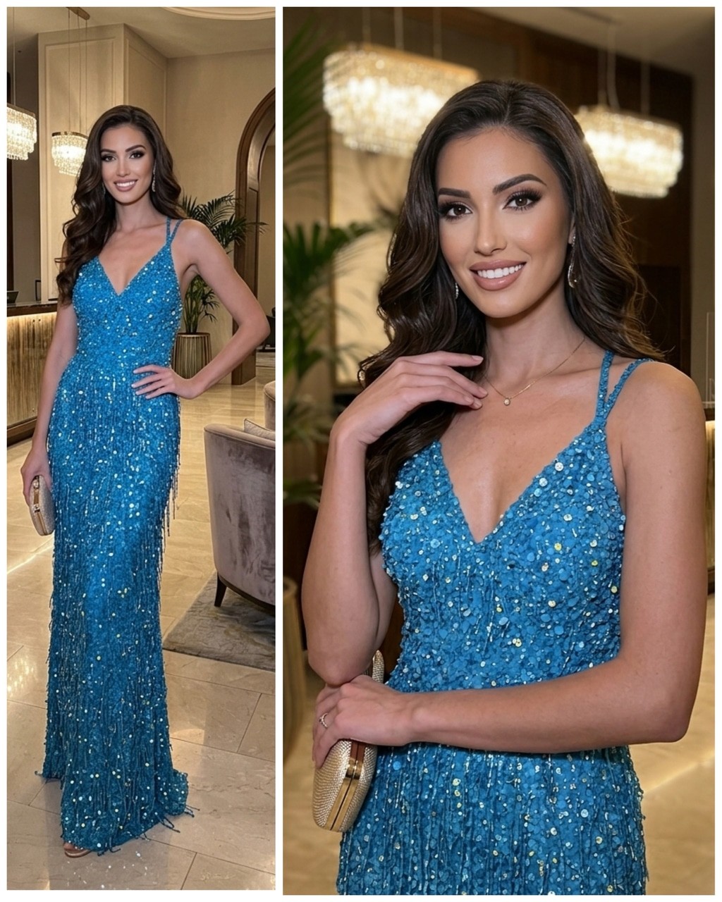 ALETA Dress Teal Sequin Beaded Fringe Prom Dress Size 2