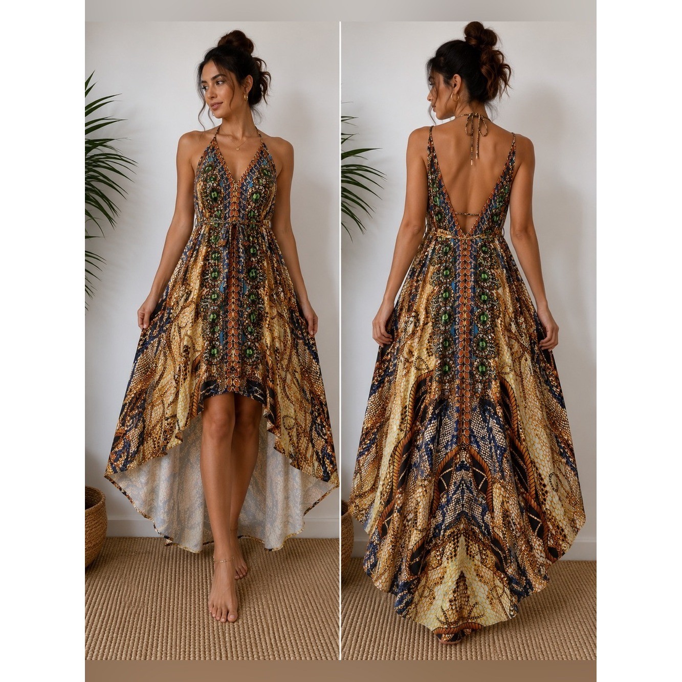 VENUS Boho Halter High-Low Dress Jewel Print Open Back Size S