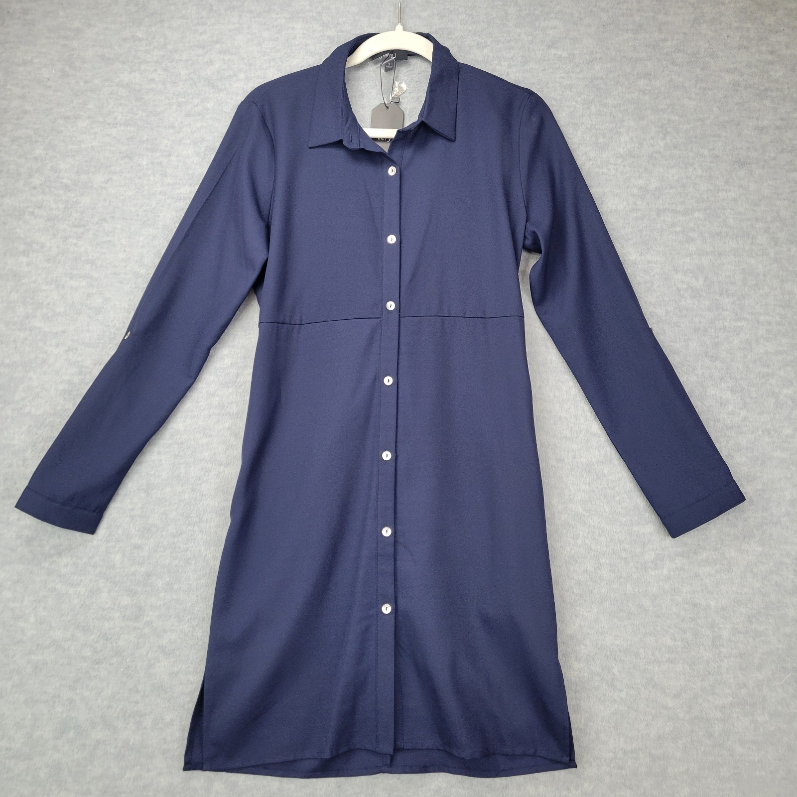 Very J Brand Shirt Dress Navy Button Knee Length Roll Tab Sleeve Womens S NWT