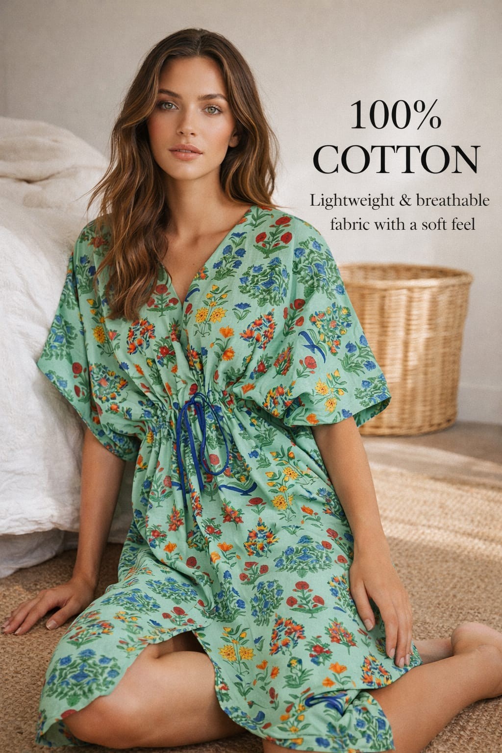 Indian Hand made Cotton Kaftan Dress Floral Print for Women All Season Caftan
