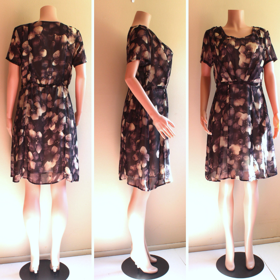 Dress 12 L Beige Black Brown Semi Sheer Knee Length Lined SS Yulinge