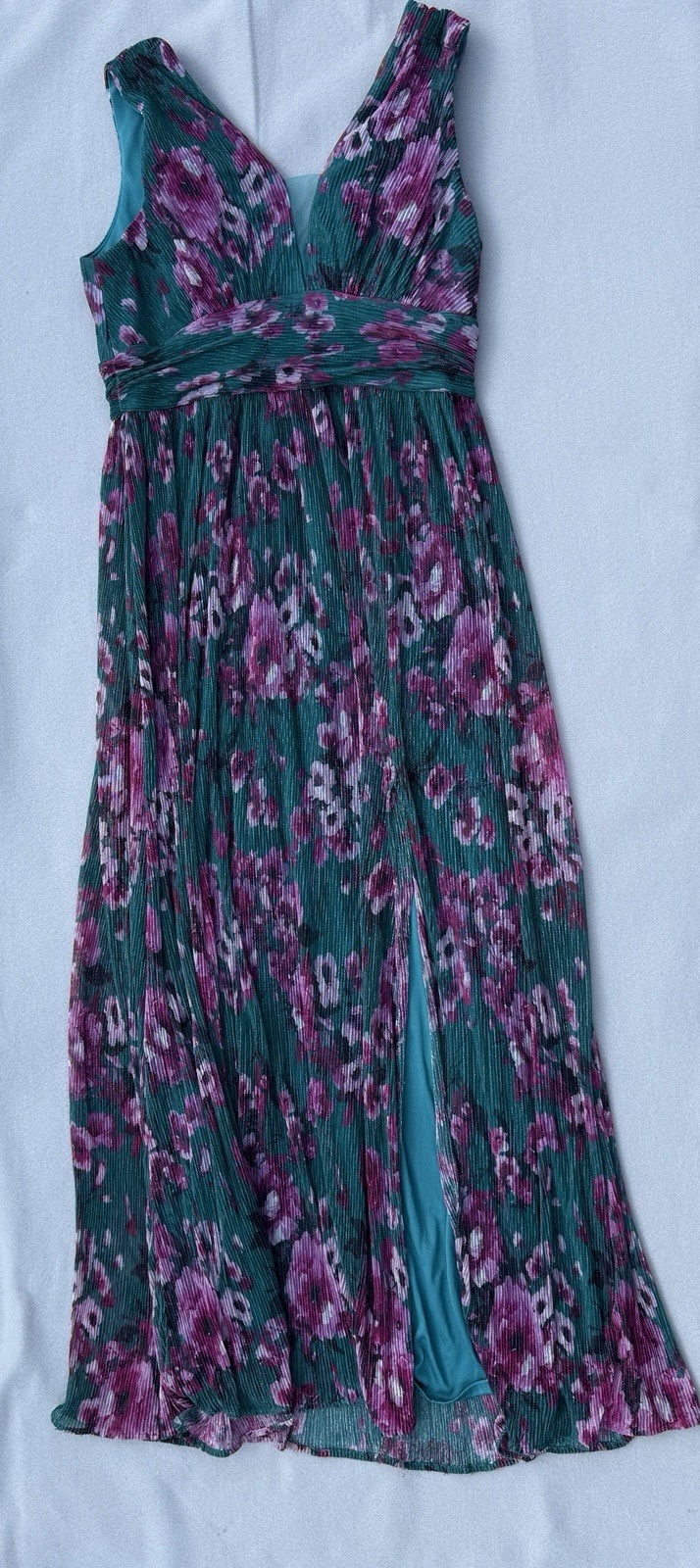 R&M Richards Women’s Floral Pleated Maxi Dress – Teal/Purple Shimmer – Size 18
