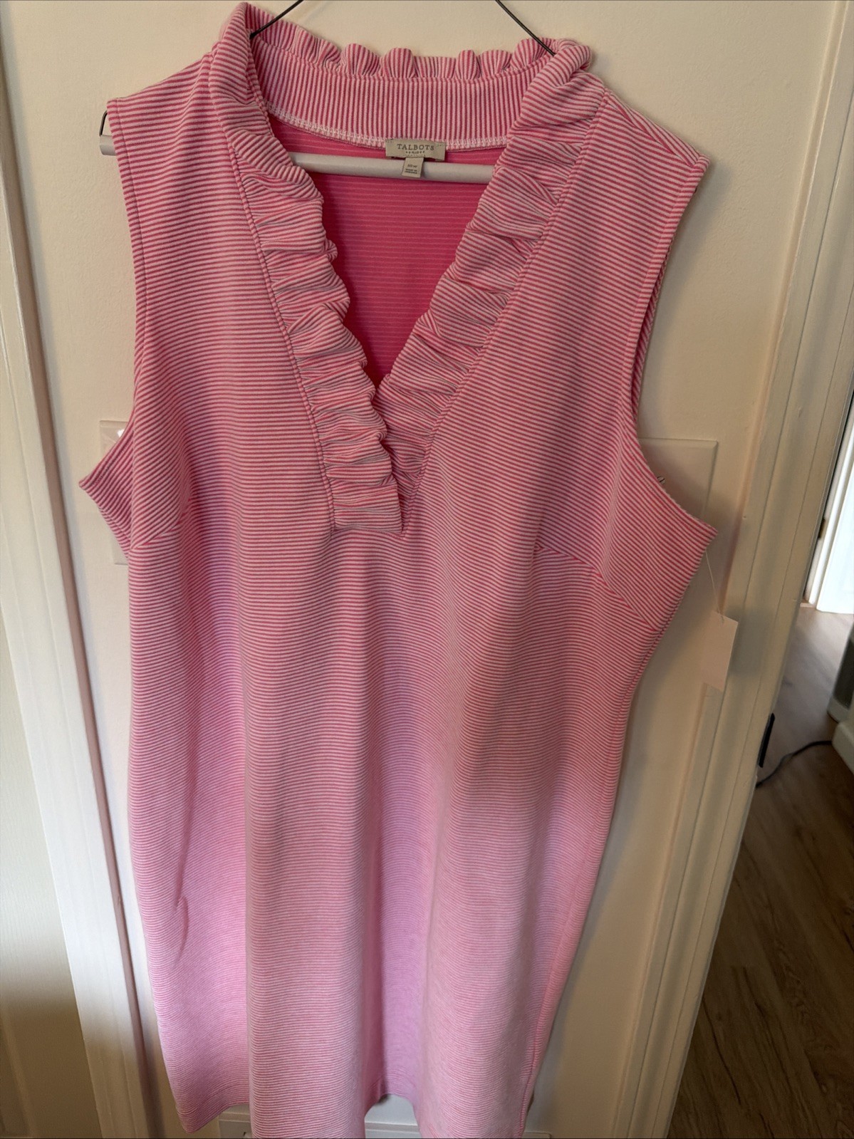 Talbots 16W Pink And White Striped Sleeveless Dress With Ruffle V Neck