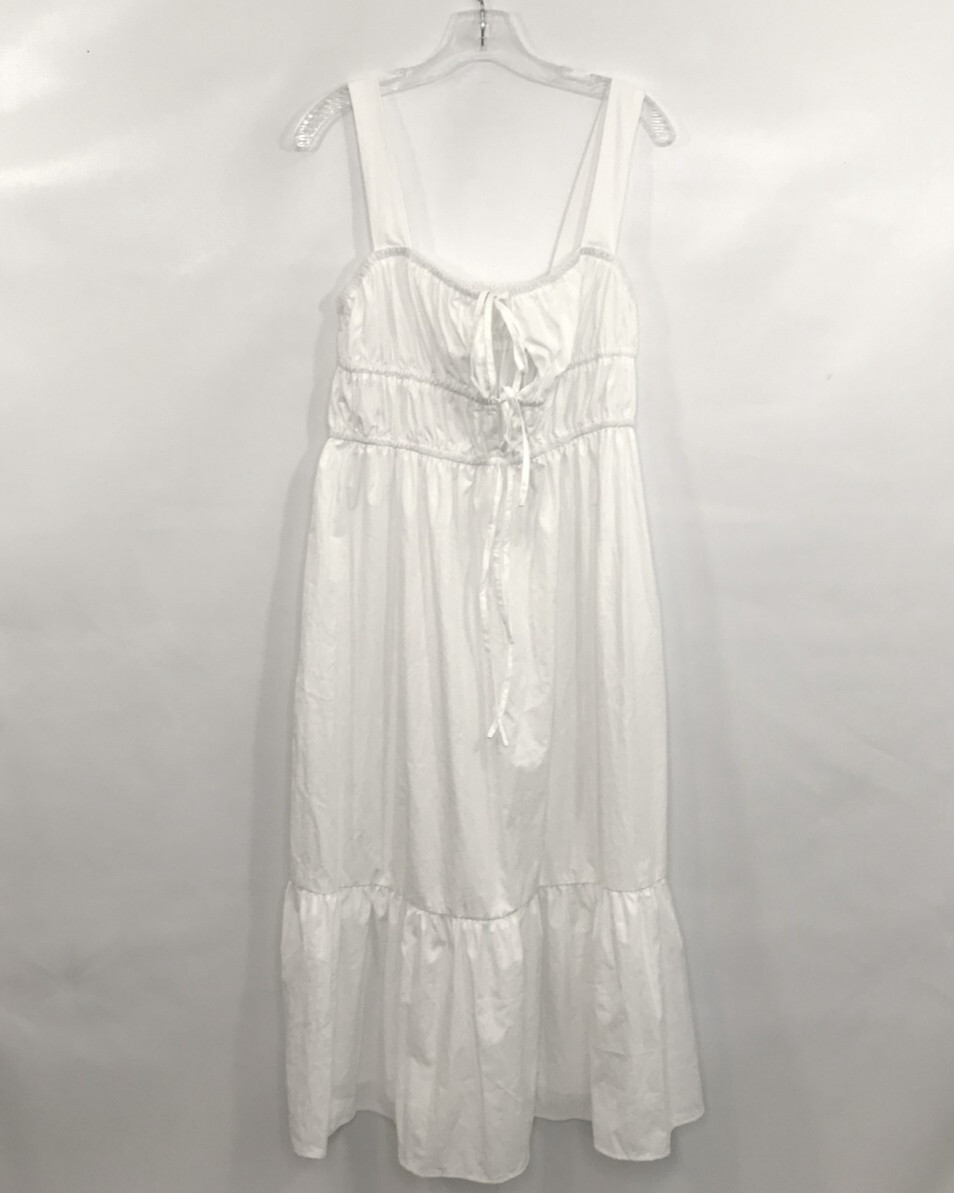 Boho White Midi Dress L Corset Tie Smocked Casual Summer Dress USA Seller