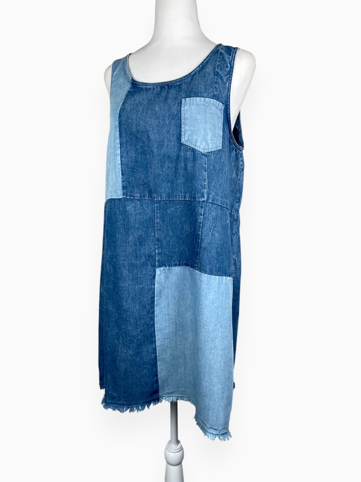 True Craft Patchwork Denim Dress Two-Tone Raw Hem Sz L