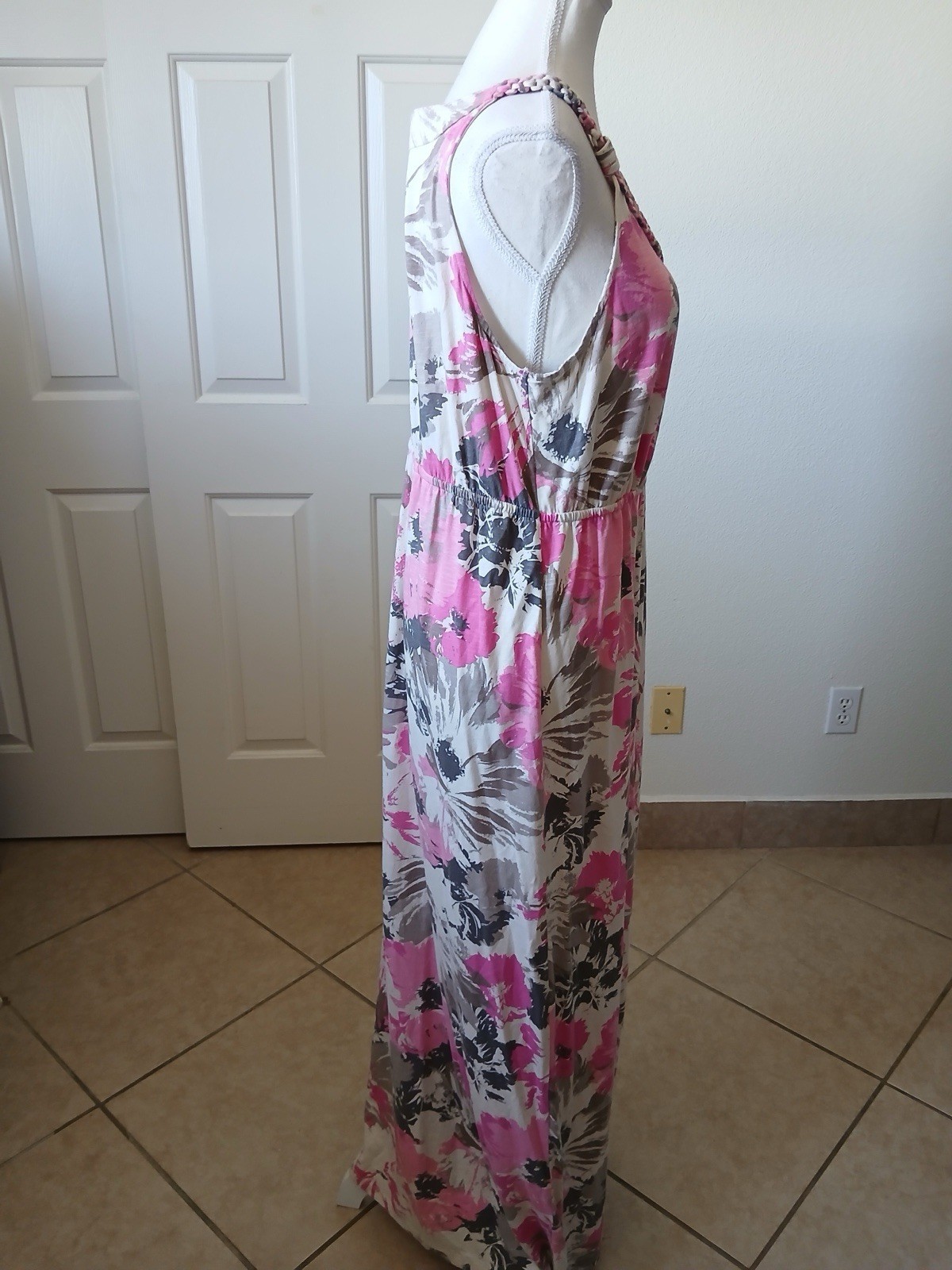 Sonoma Life + Style L Boho Floral Maxi Dress Pink Gray Sleeveless Summer Chic