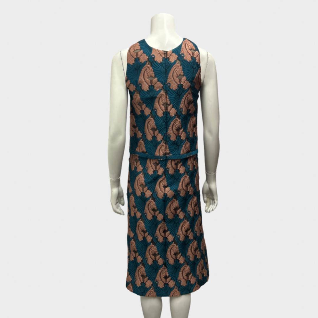 Emilia Wickstead Fall 2016 Teal And Copper Jacquard Print Dress with Black Sequi
