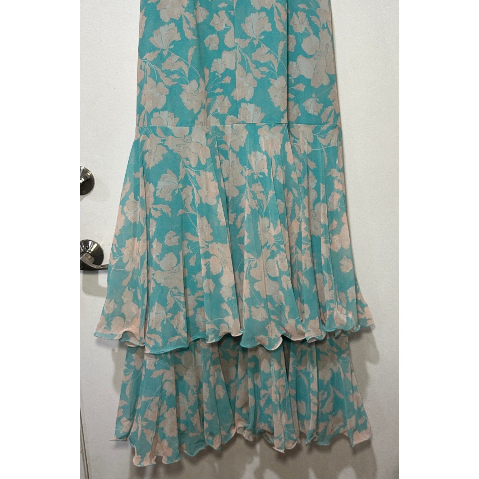 Hutch Trinity Ruffled Chiffon Wrap Maxi Dress Teal Floral Size Large NWT Wedding