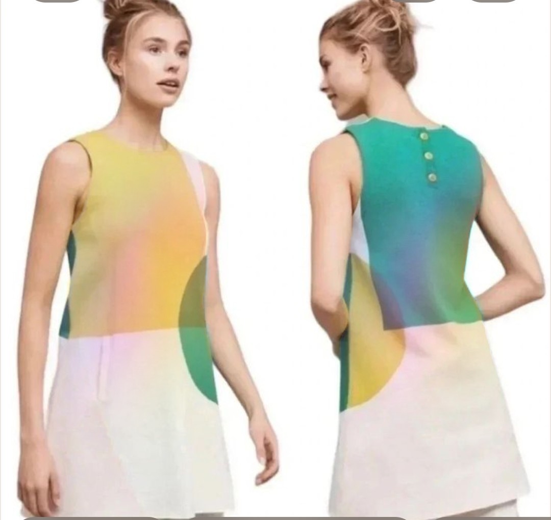 Moth Anthro Mod Geometric Tunic Knit Dress Large Yellow Green Retro