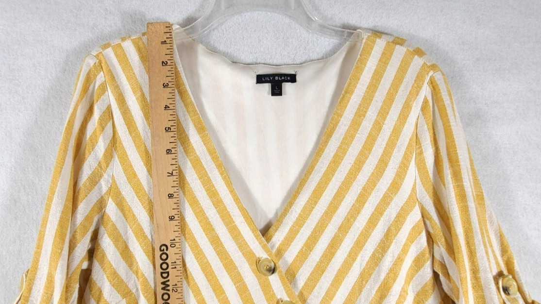 Lily Black Wrap Dress Midi Yellow White Stripe Lined Button Womans Size Large