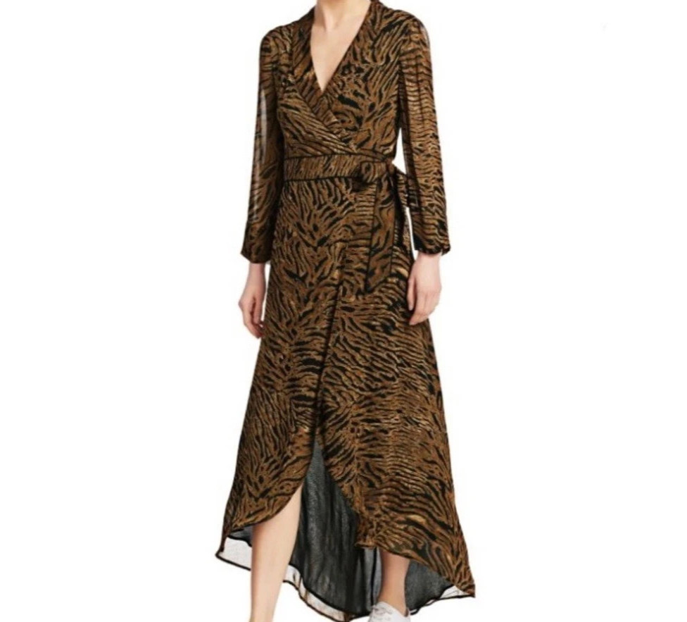 GANNI Tiger Animal Print Maxi Wrap Dress Size 42 US 10-12 NWOT