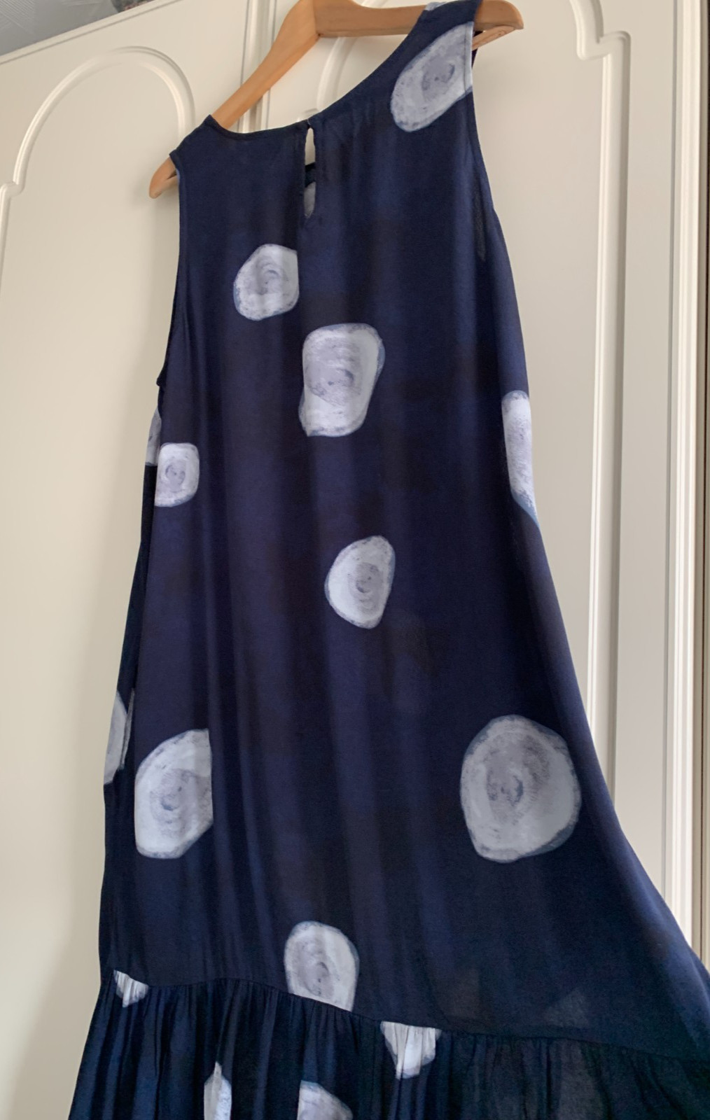 Foil Navy Midi Sleeveless Single Button @ Back – Pockets Flare Long Dress Uk 12