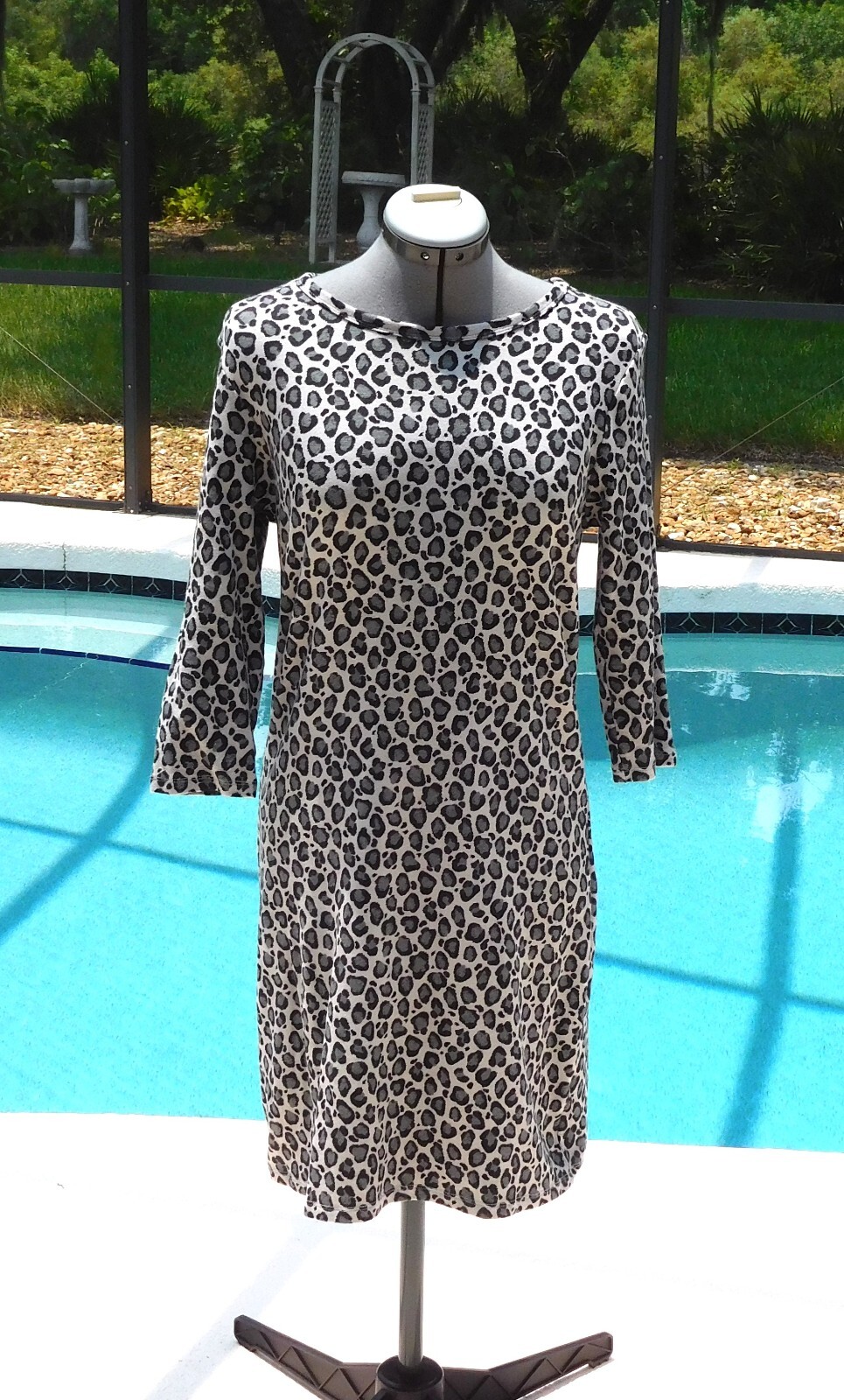 NWT Organic Cotton 3/4 Sleeve Snow Leopard Print Dress Large L stretch travel