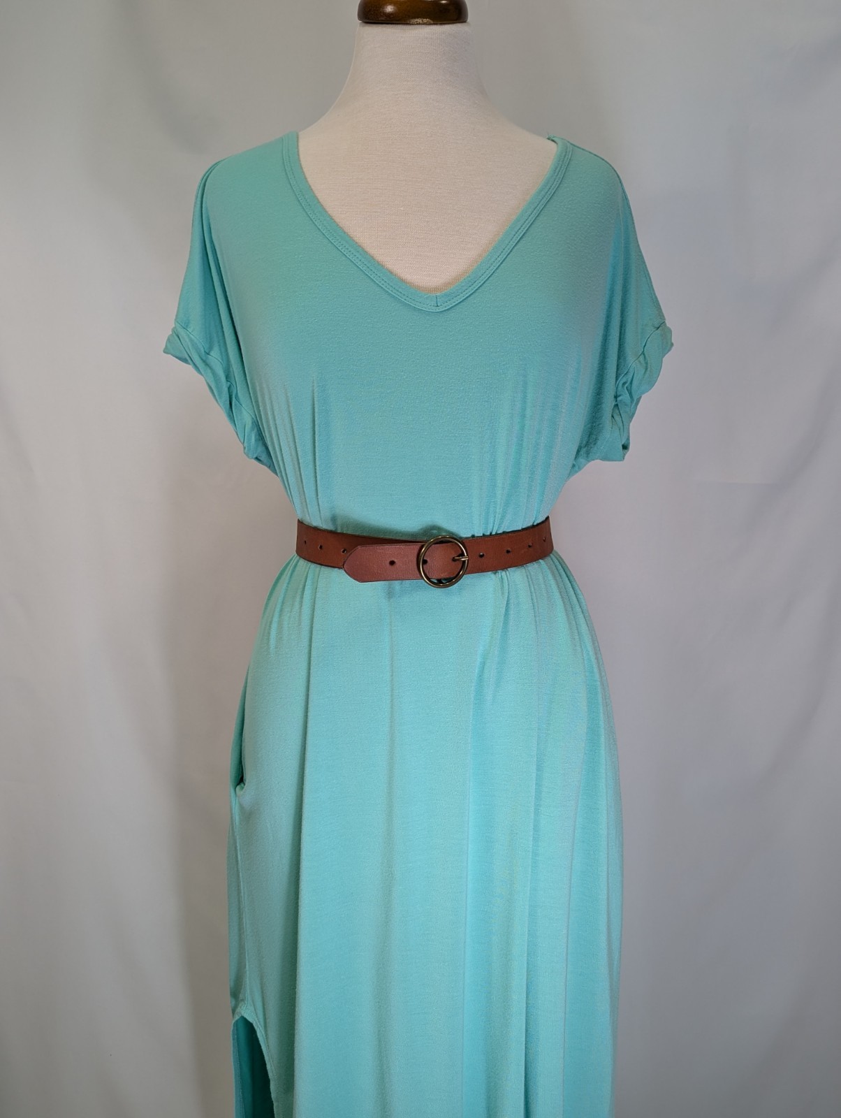 Red Lolly Mint Knit V-Neck Short Sleeve Maxi Dress Side Slits Pockets Stretch L