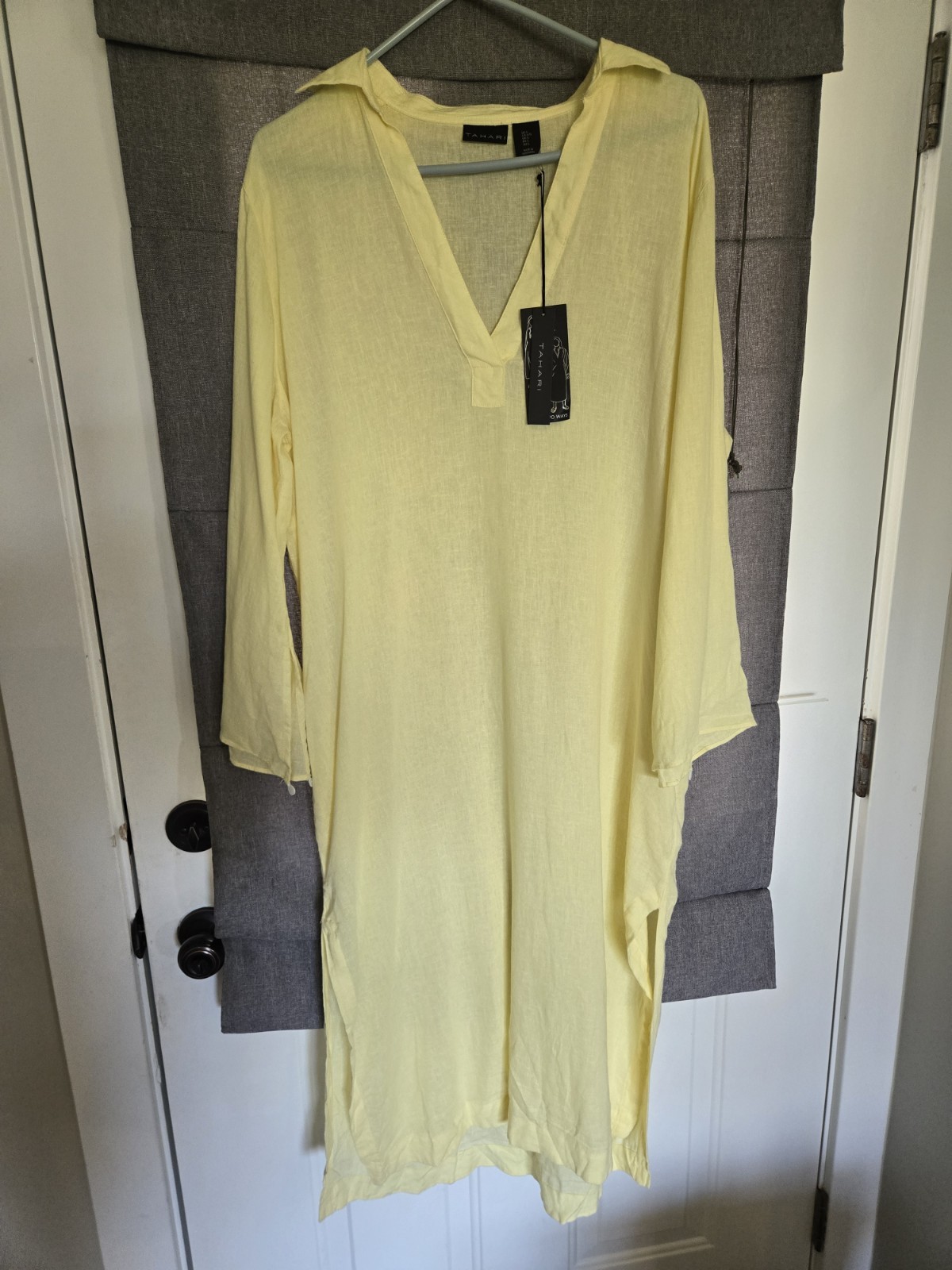 Tahari Maxi Shirt Dress NWT L YELLOW Linen Blend Pockets Side Slit Collared
