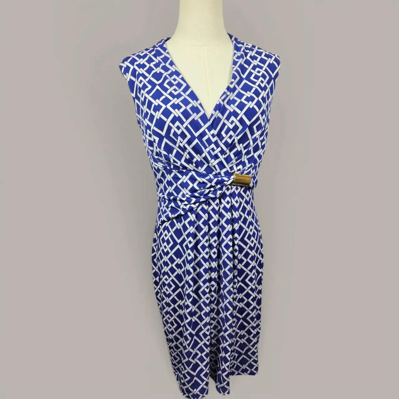 Enfocus Studio Blue White Geometric Sleeveless Wrap Dress Size 8