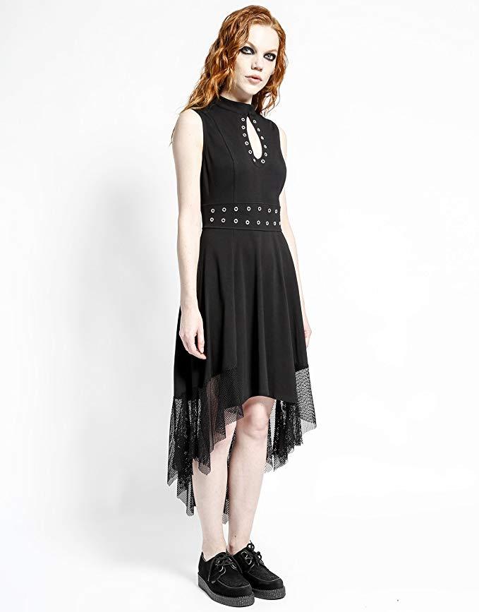 TRIPP NYC Gothic Punk Rock Star Vampire Black Hi Lo Eyelet Black Dress CE4634