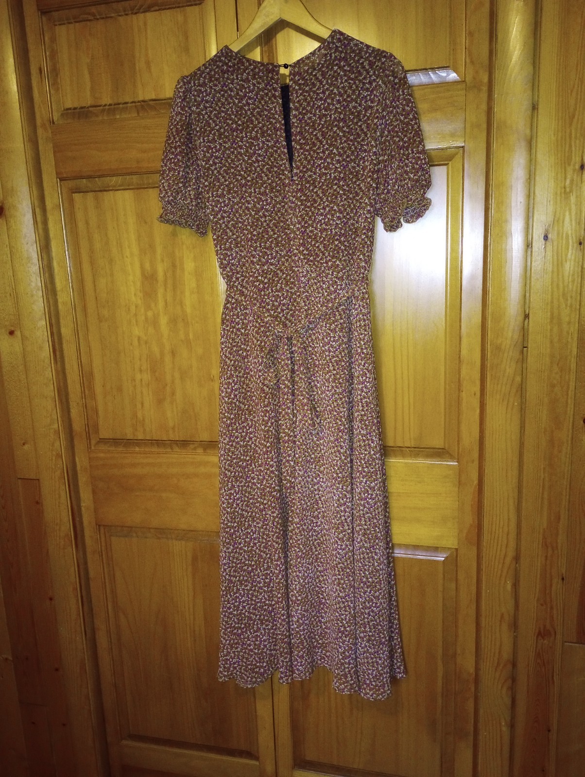 Calico Prairie Dress Brown Sz Large Boho Midi puff sleeve lined belt zip keyhole