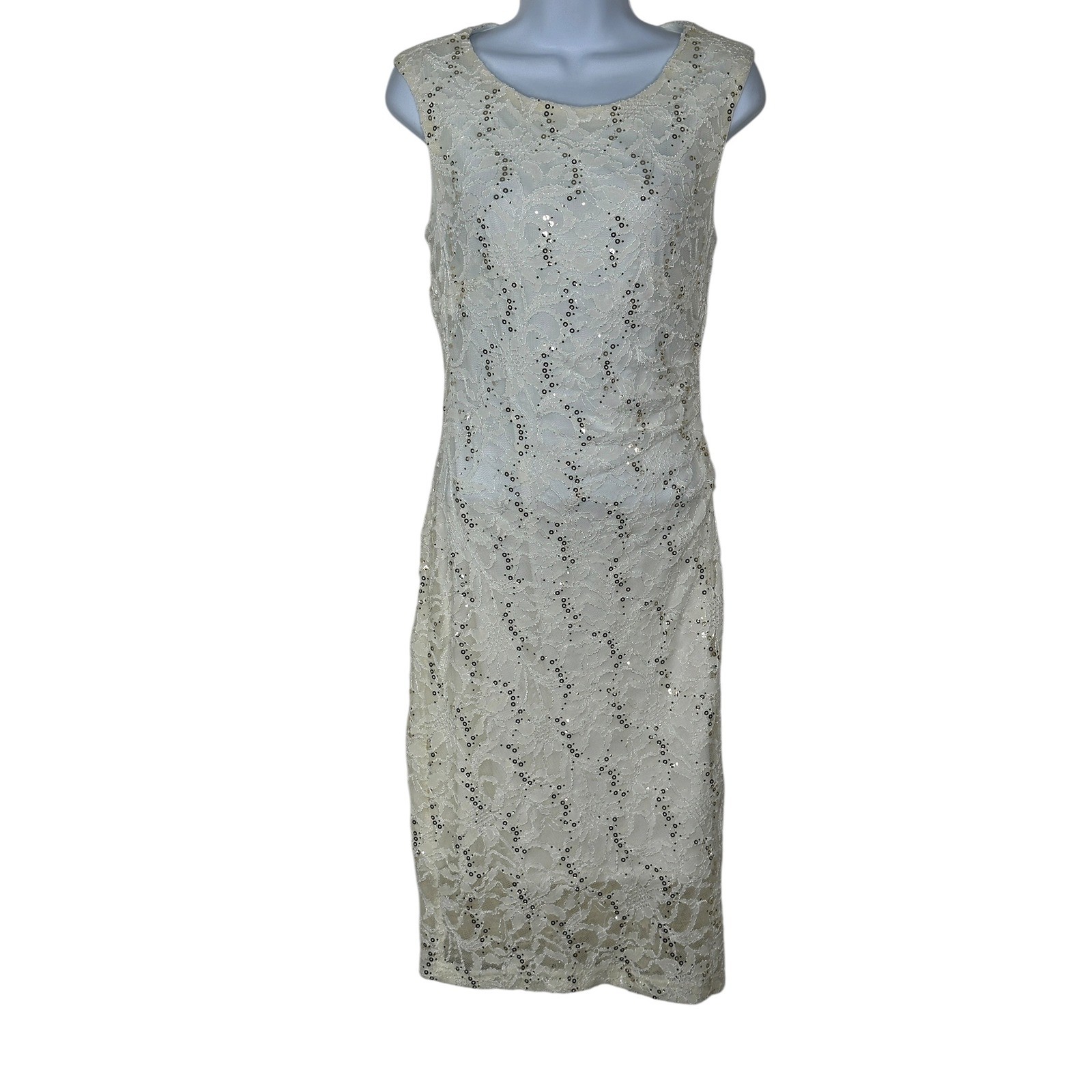 R&M Richards Sheath Dress 6 Cream Lace Sequin Ruched Cocktail Formal Wedding