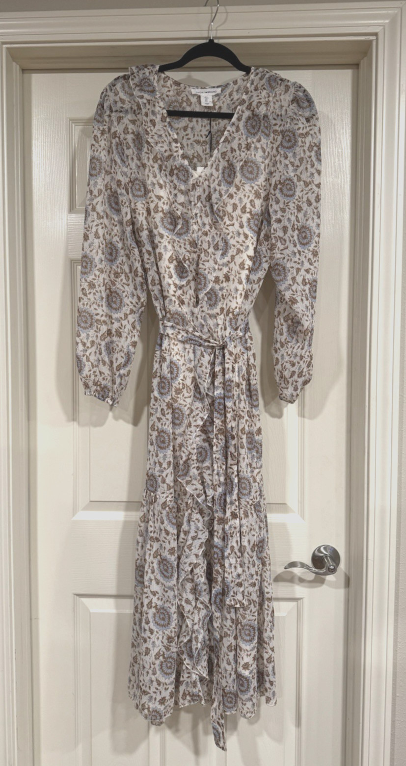 Lucky Brand Blue Grey Brown Ruffle 2 Pc Maxi Dress Size L NWT