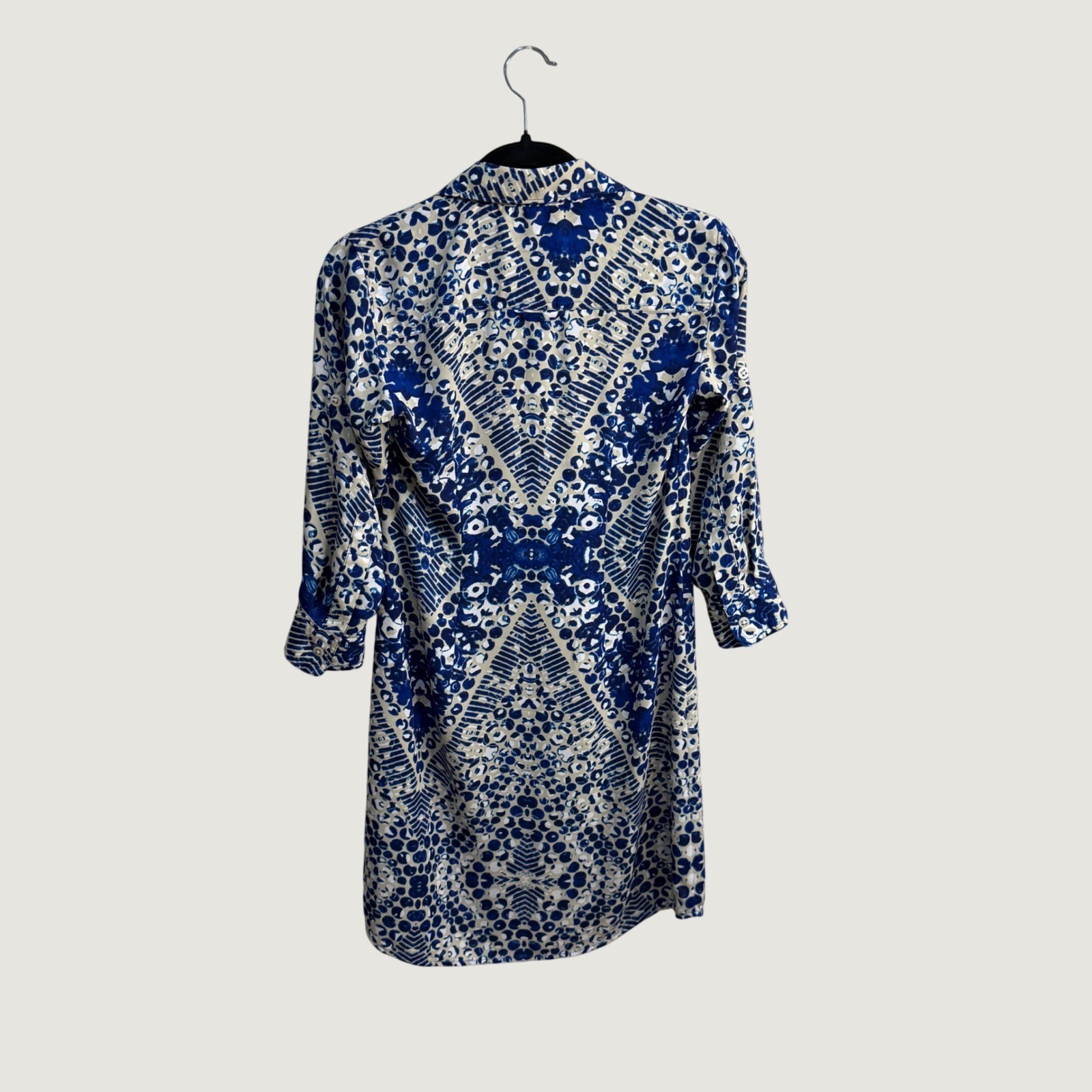 Cabi Blue Cream Geometric Kaleidoscope Print Button Down Shirt Dress Coastal XS