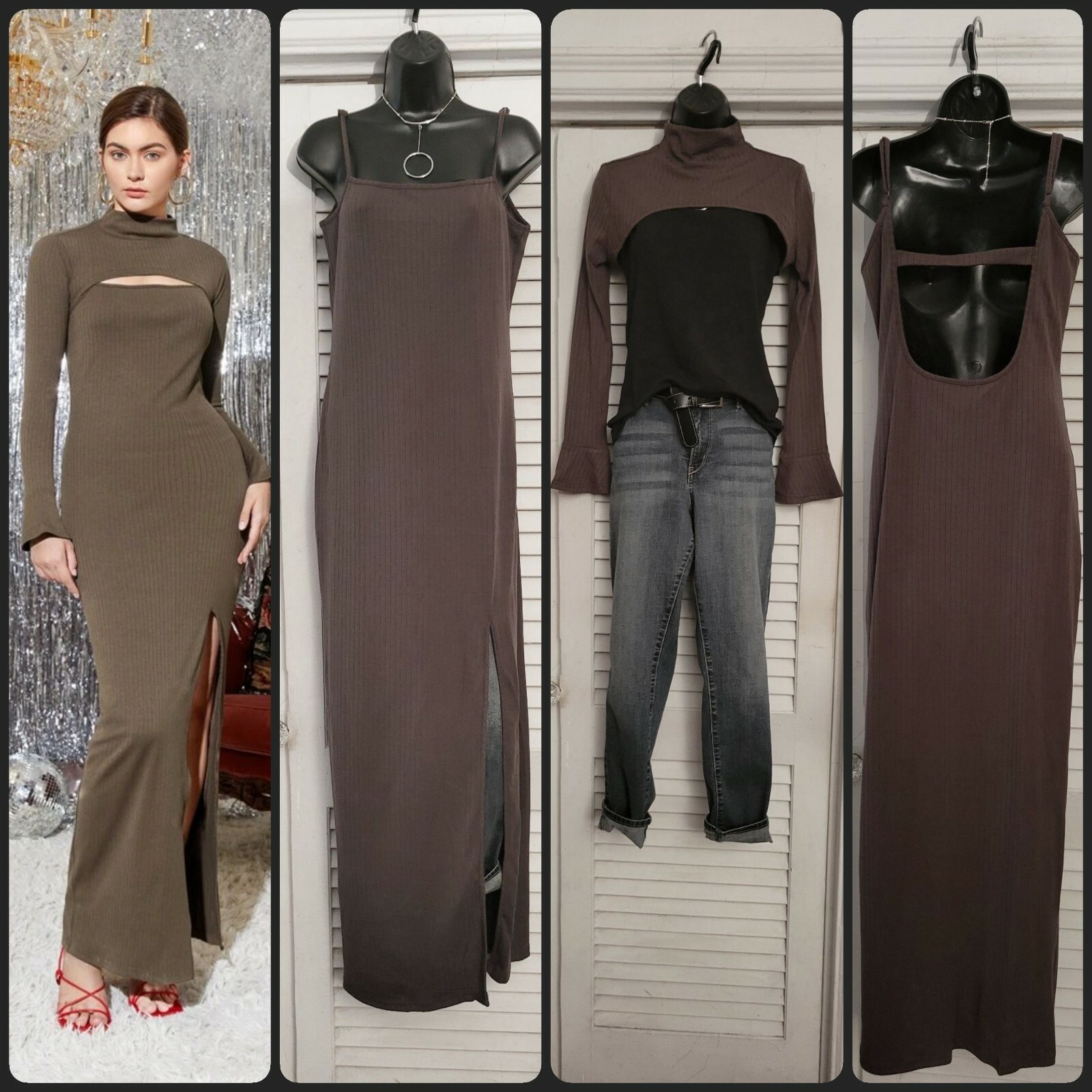 2 Piece Mocha Brown Ribbed Mock Neck Cutout Front Back High Split Maxi Dress L
