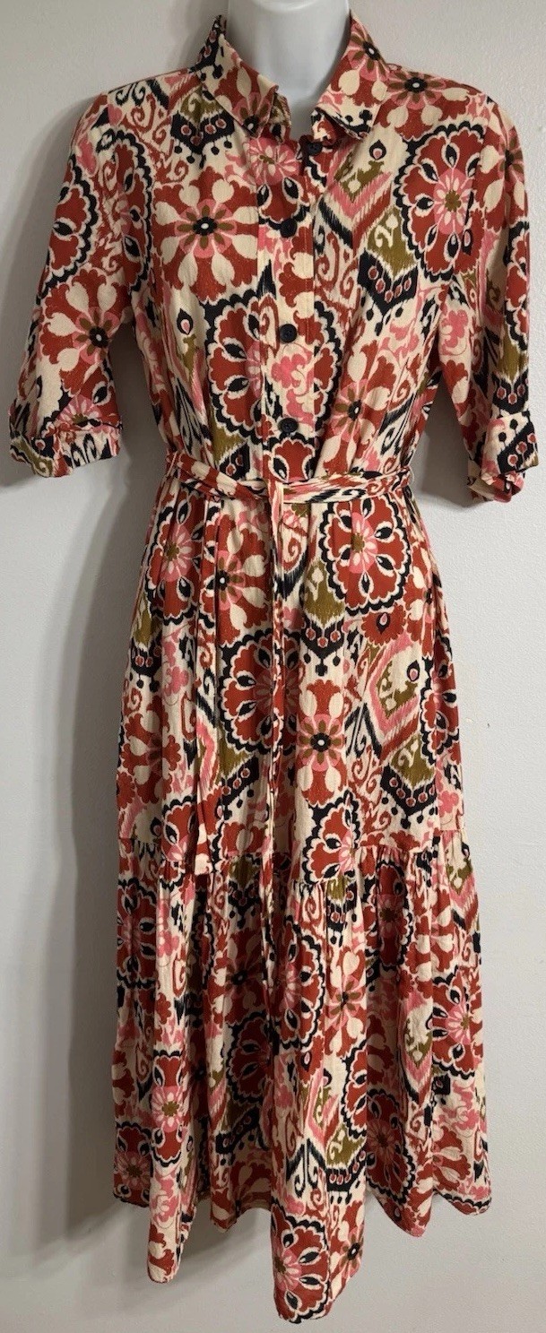 ZARA Midi Shirt Dress Women’s Medium Belted Short Sleeve Floral Boho Vibrant