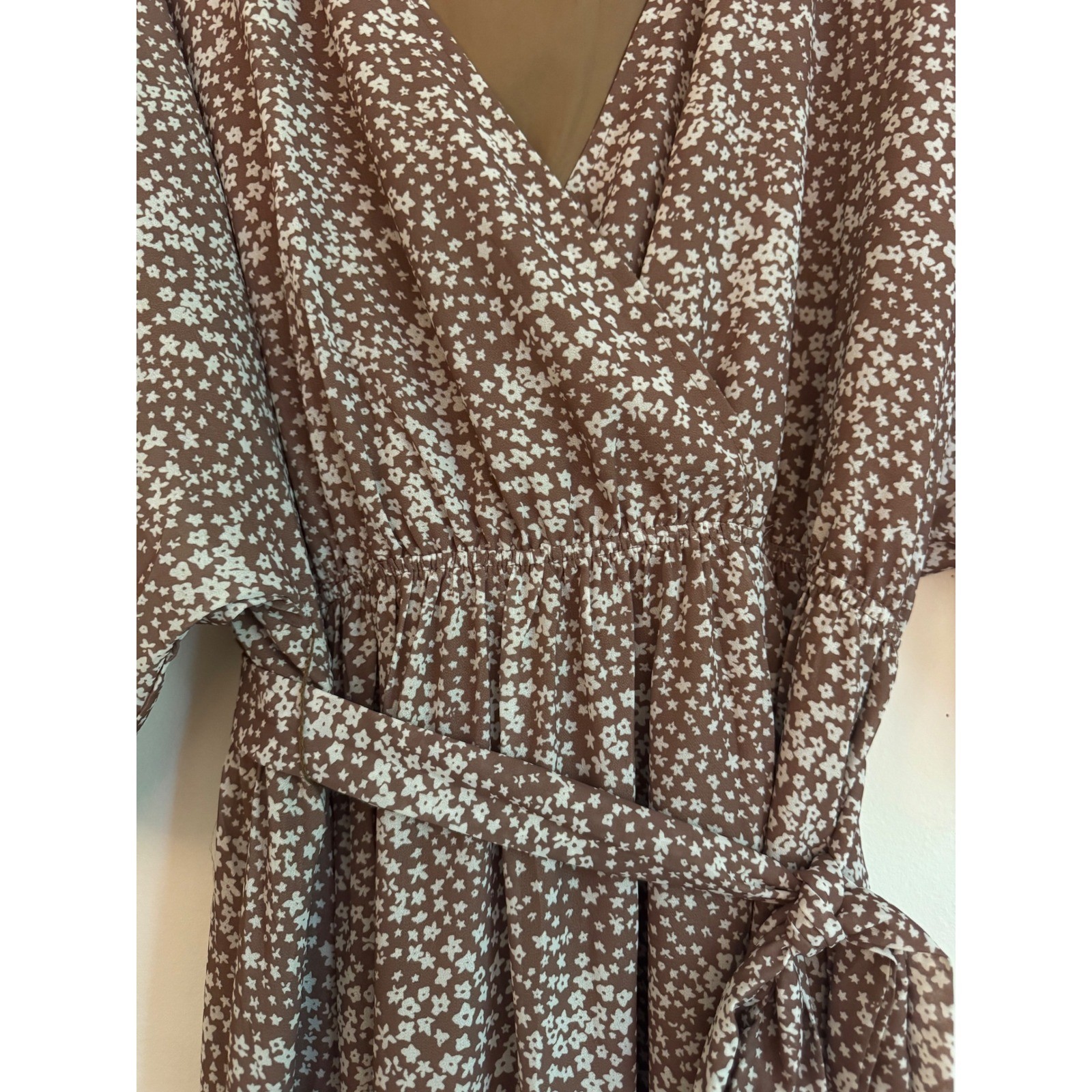 Boho Ditsy Floral Maxi Dress Brown White Wrap V-Neck Short Sleeve XL Side Slit