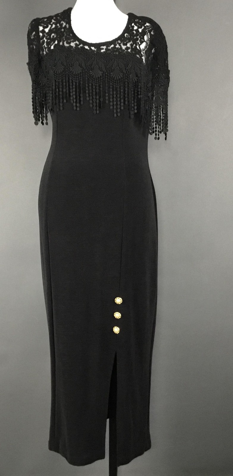 Maxima Dress Womens XL Black Sheath Maxi Short Flutter Sleeve Fringe Zip