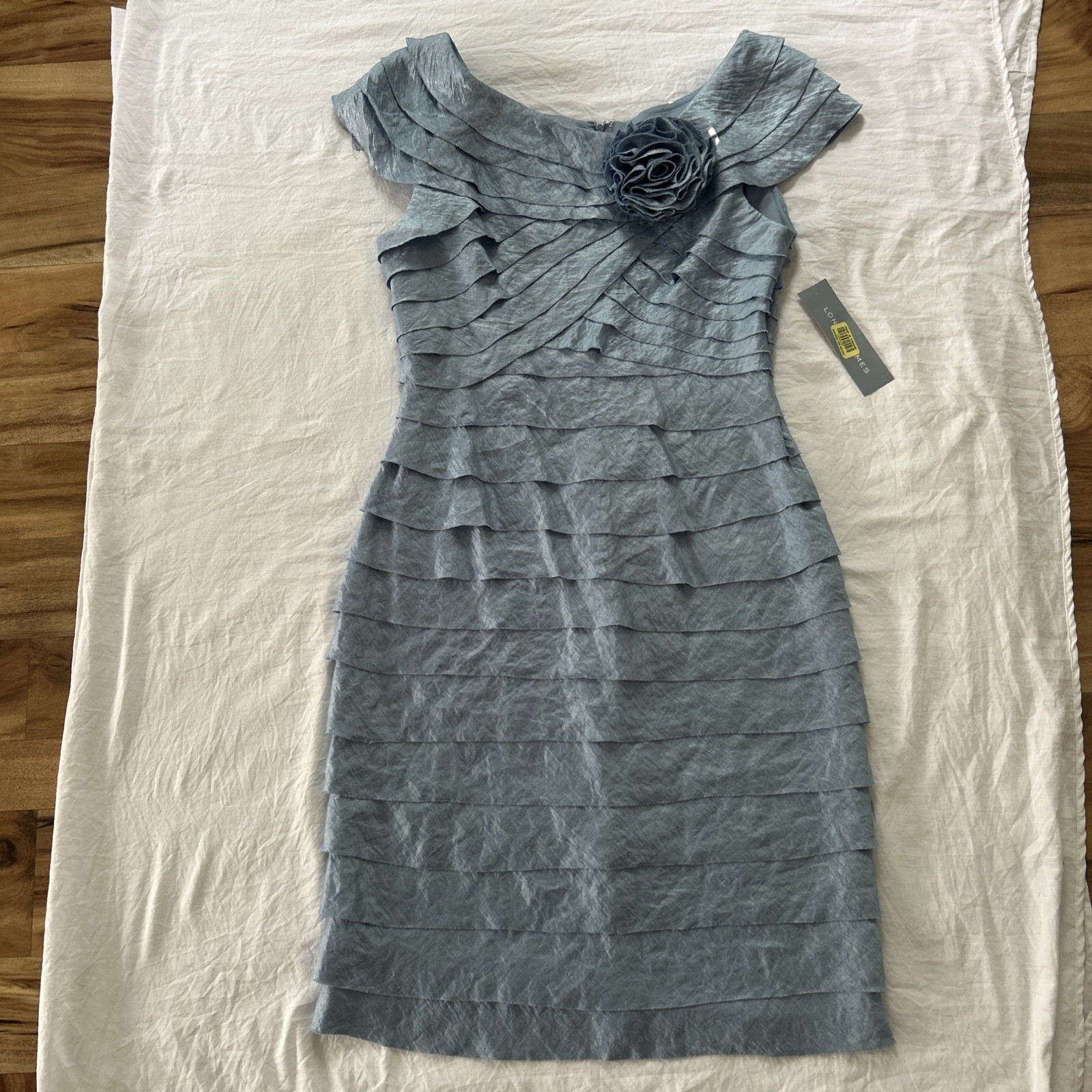 NWT London Times Sage Tiered Sheath Dress Rosette Ruffle Size 10