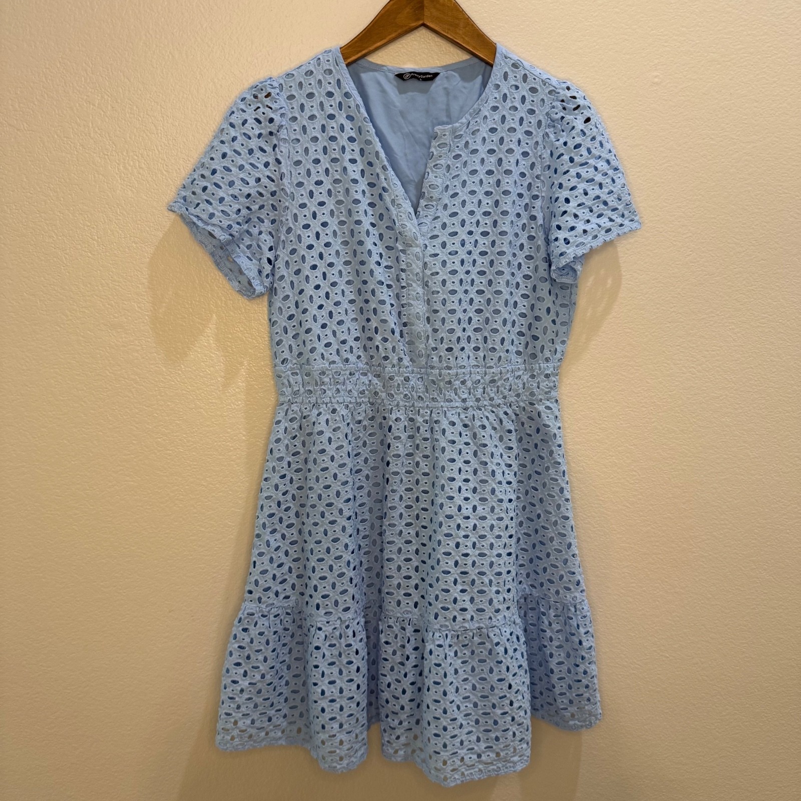 Blue Eyelet Lace Short Sleeve Dress 100% Cotton Shell, Size Medium