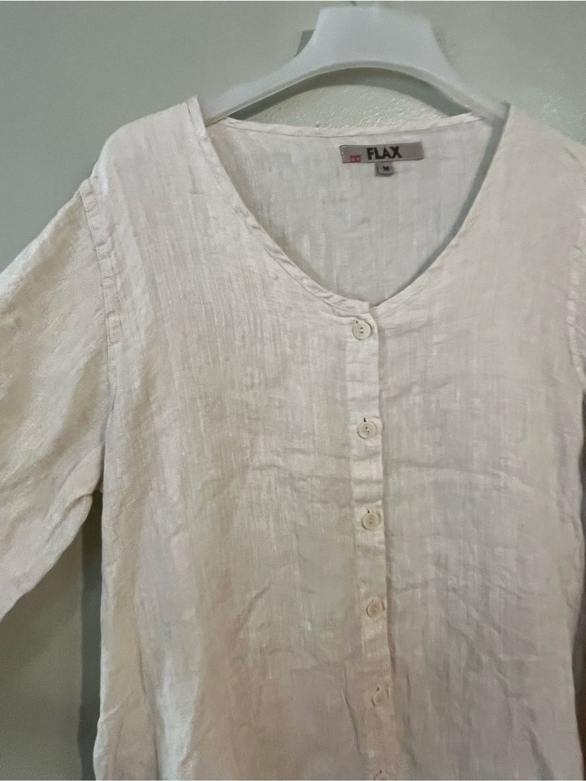 Flax Linen Button-Front Long Roll Top Sleeves Dress Coastal Beige Oversized M