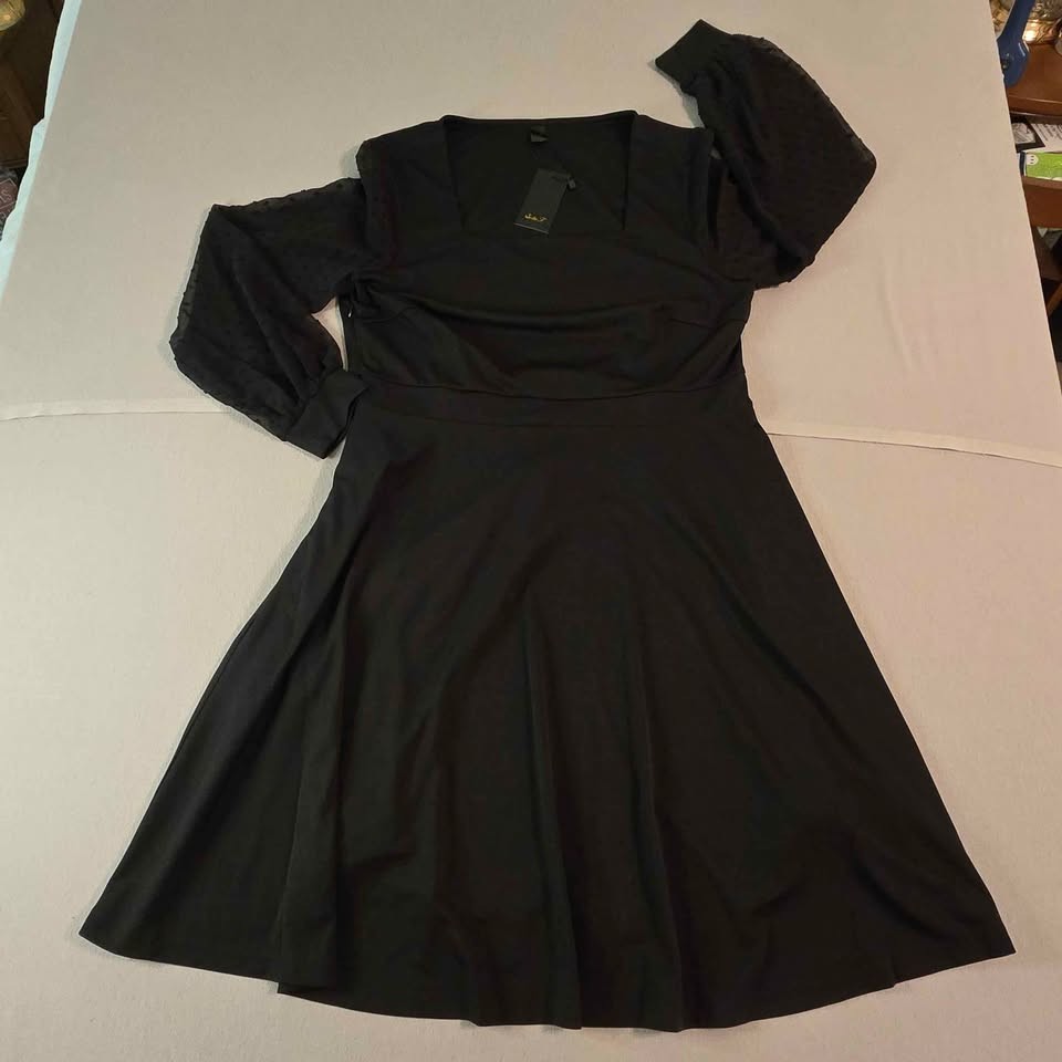 Womens XL Seta T Black Square Neck Dotted Sleeve Dress NWT [75.649]