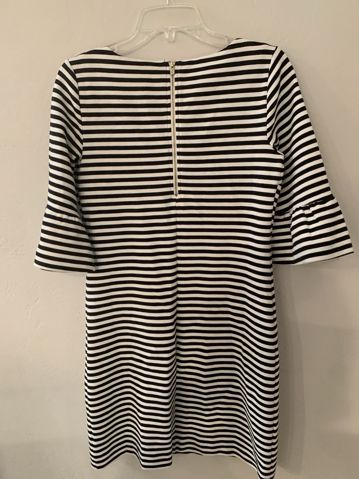 Lilly Pulitzer Black White Striped Shift Mini Dress Sz S 3/4 Bell Sleeve Zip