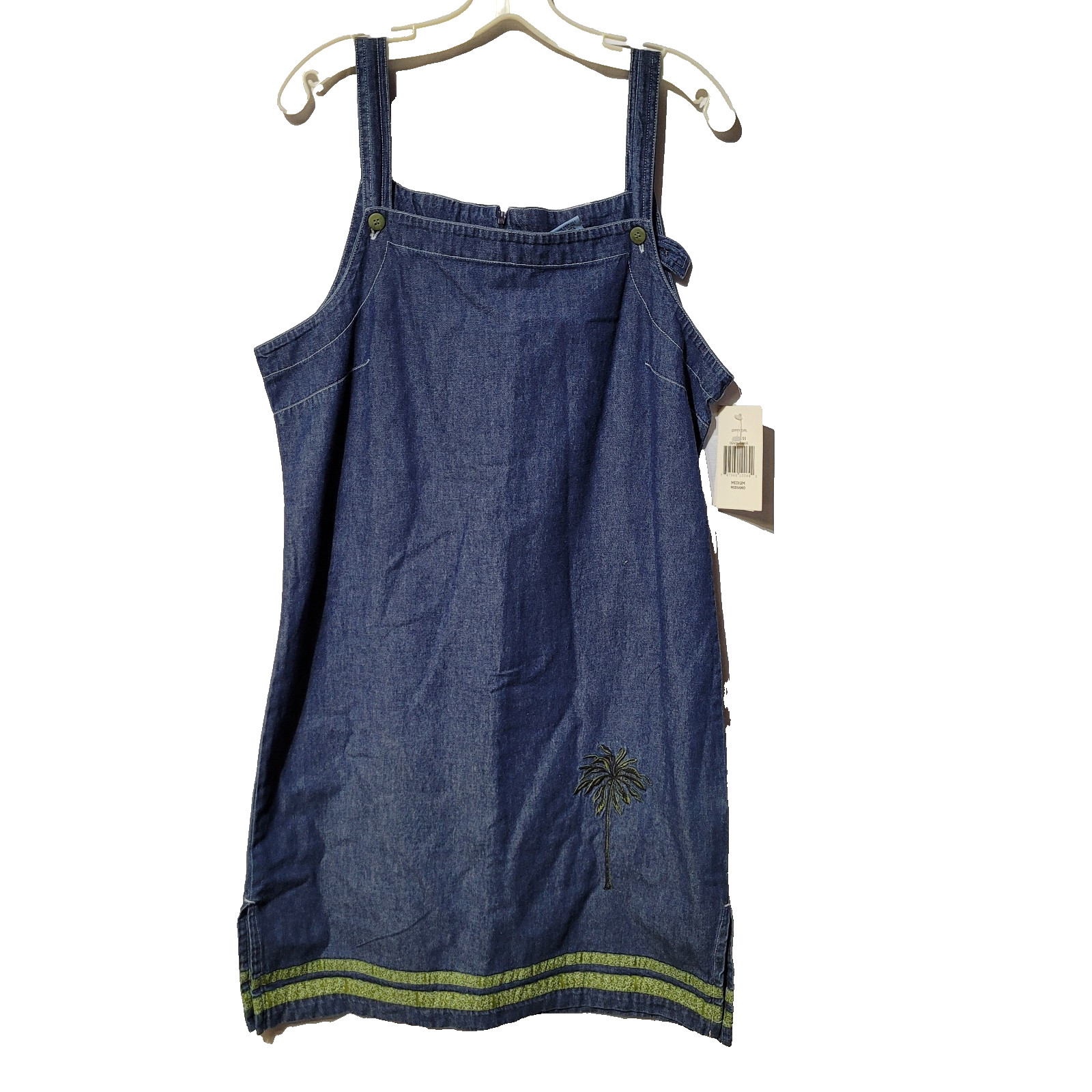 Capacity Denim Jumper Dress Green Trim and Palm Tree Women’s Medium NWT