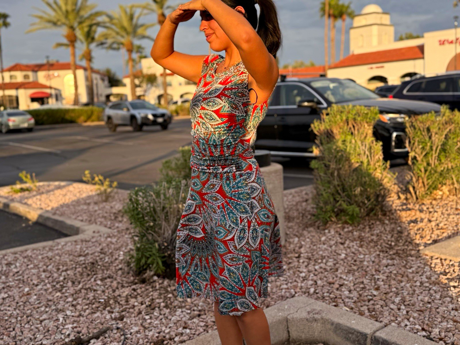 En Focus Studio Sheath Dress Paisley Ruched Stretch Red Blue White Size 8