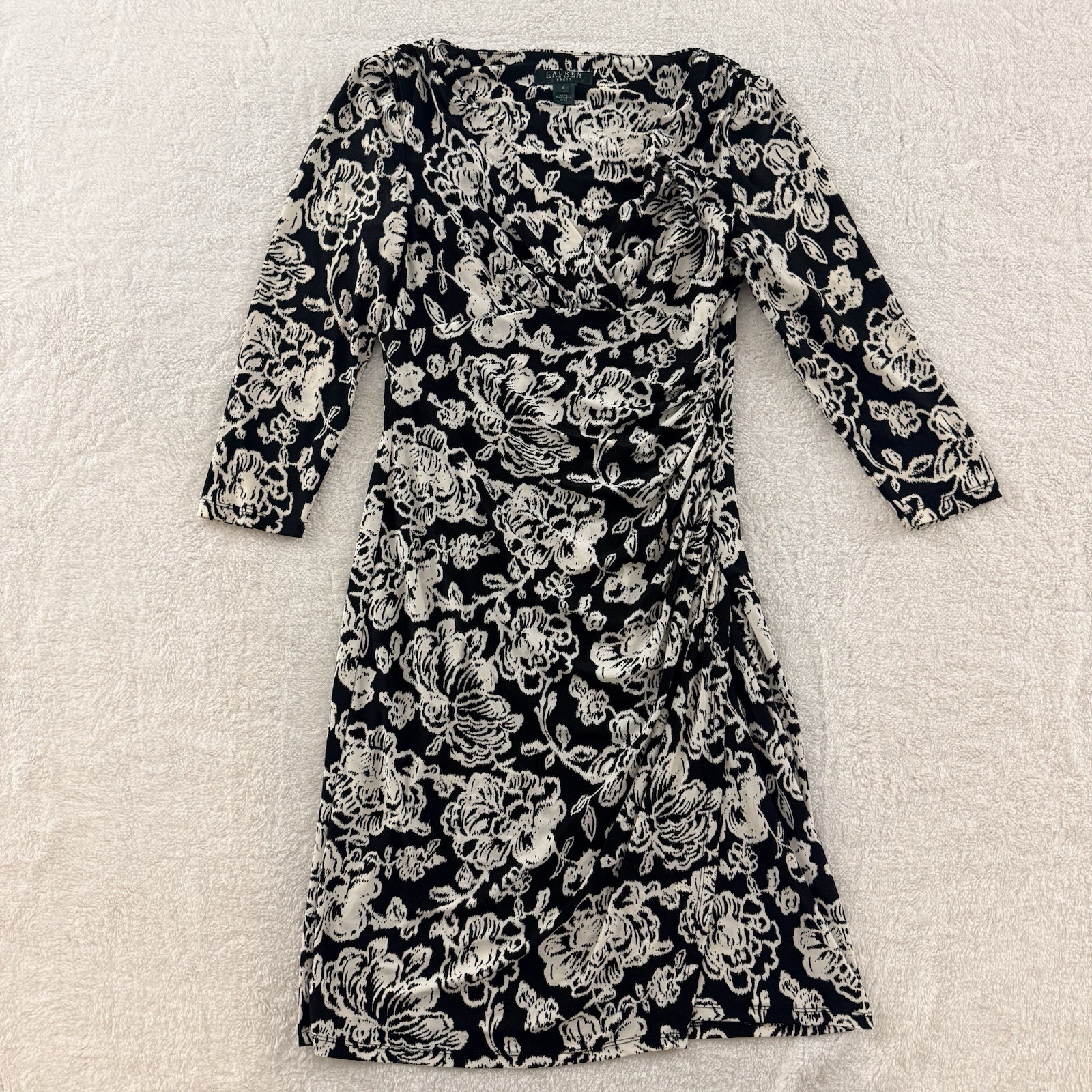 RALPH LAUREN DRESS SIZE 6 BLACK CREAM FLORAL FAUX WRAP V NECK ABSTRACT PRINT