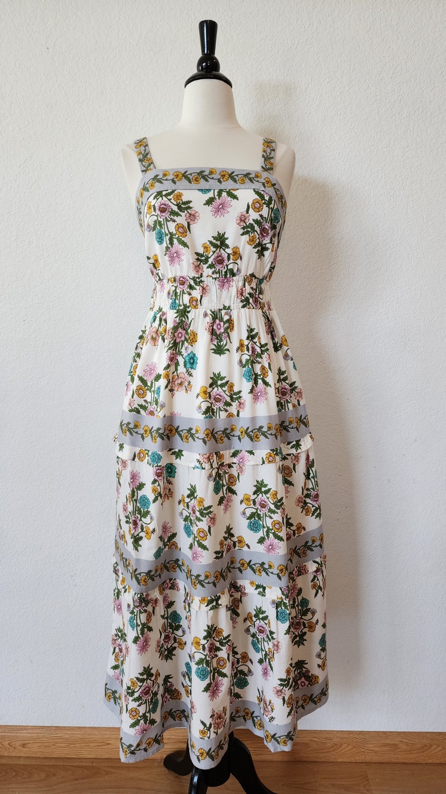 New Anthro Maxi Dress Size Large Floral Linen Blend Europe Coquette Pockets