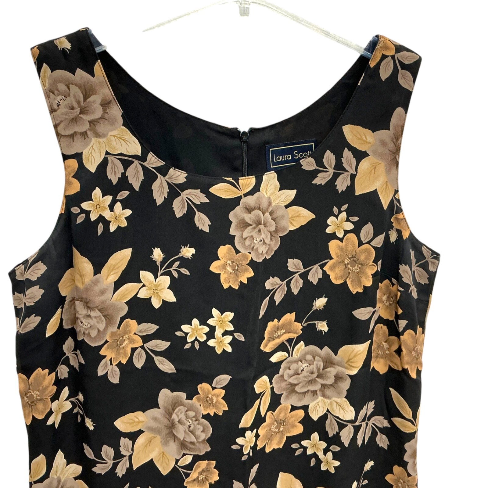Laura Scott Dress Full Long Sleeveless Black Pencil Sz L tan Beige Floral lined