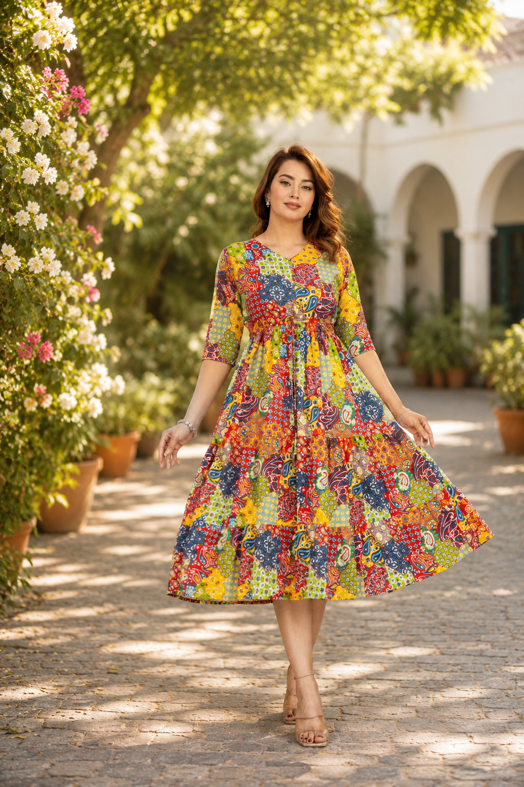 Handmade Patchwork Rayon Midi Dress – Colorful Boho Tiered Summer Style