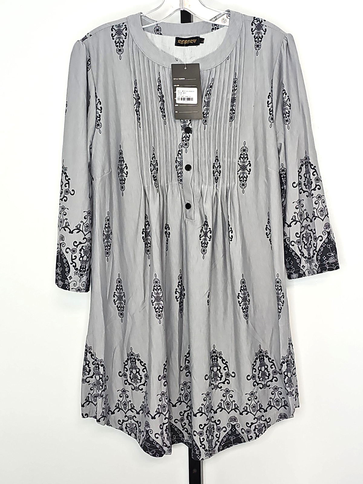 NWT Reborn Gray Black Boho Peasant Mini Dress Women’s Large L