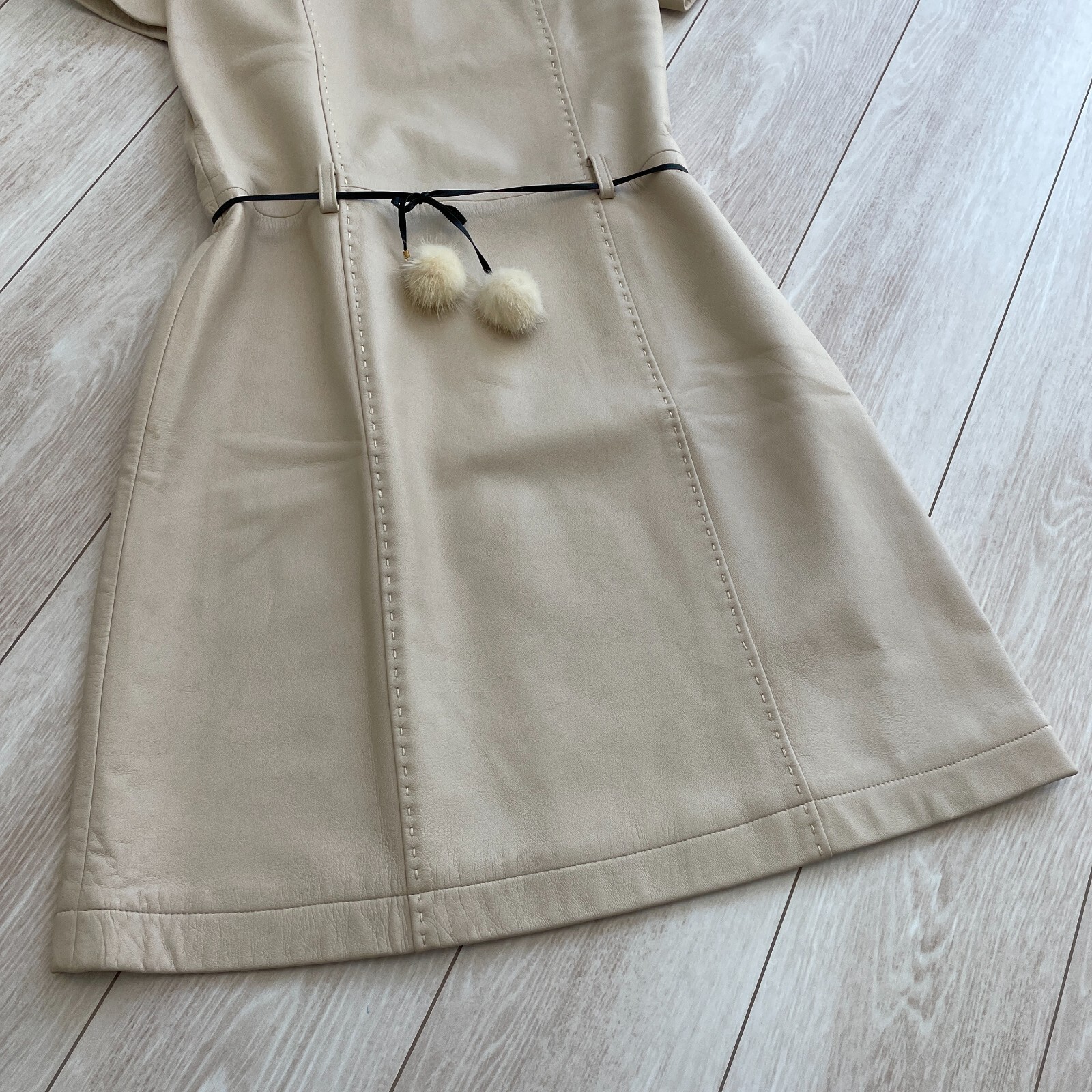Courreges Sheepskin Lamb Leather Dress Beige Zip Woman Size L US/S-M Japan Rare